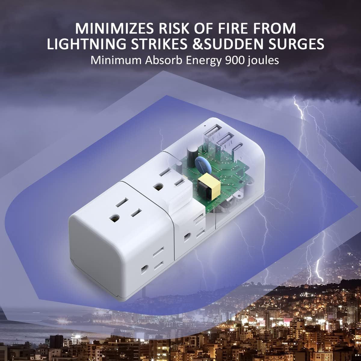 Communicates the product's surge protection capacity with a specific quantifiable performance metric (900 joules) to reassure shoppers of its ability to protect against lightning strikes and power…