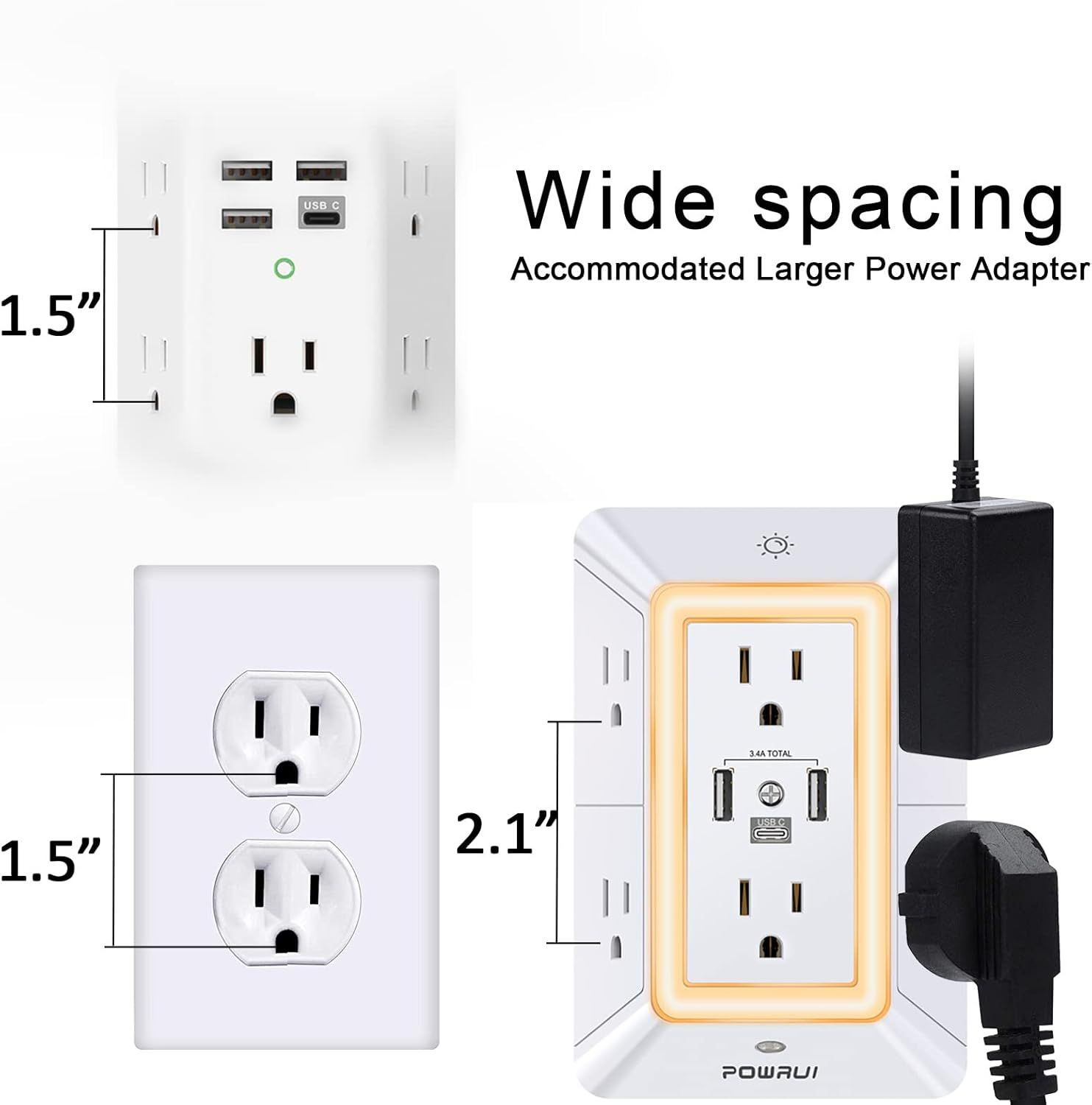 Demonstrates that the product has wide 1.5-2.1 inch spacing to accommodate larger power adapters without blocking adjacent outlets, solving a common frustration with bulky plugs. Communicates the…