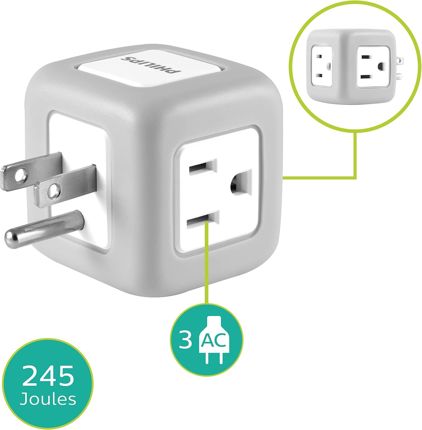 Communicates the product's surge protection capacity (245 Joules) and the number of AC outlets (3) to reassure shoppers about safety and functionality. Highlights the compact cube design that…