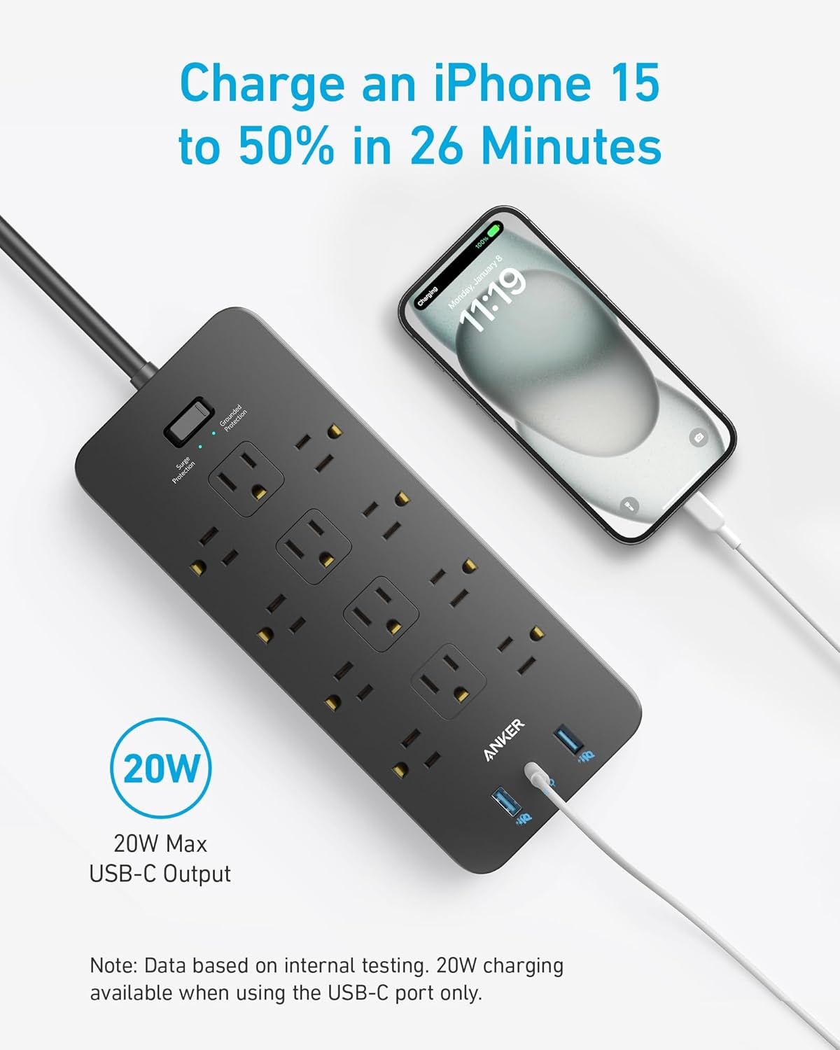Communicates the product's fast charging capability with a specific quantifiable performance claim (50% charge in 26 minutes) to demonstrate efficiency and time-saving benefits to shoppers.…
