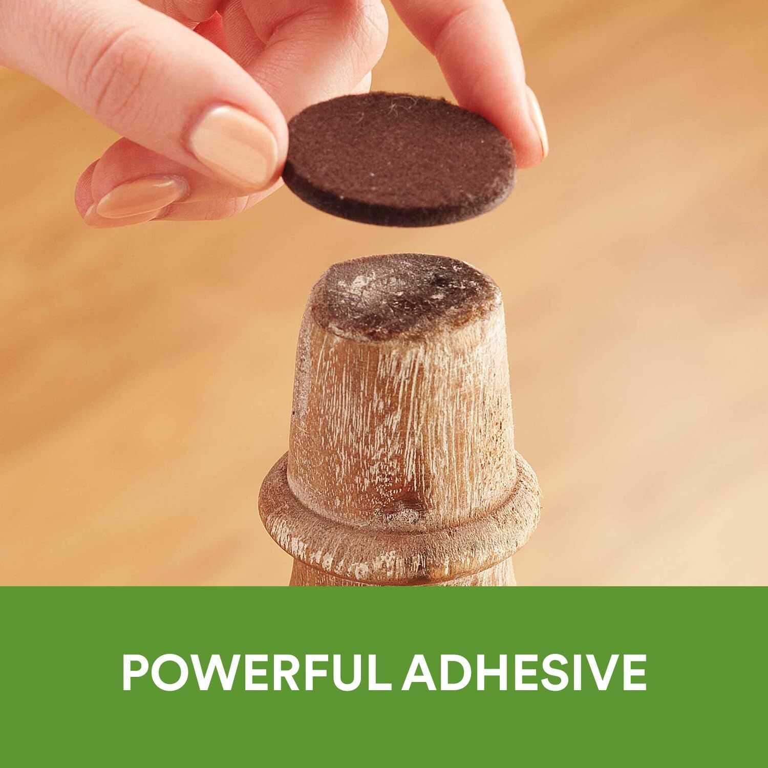 Demonstrates the product's strong adhesive backing by showing a hand placing a felt pad on furniture, reassuring shoppers that the pads will stay securely attached.