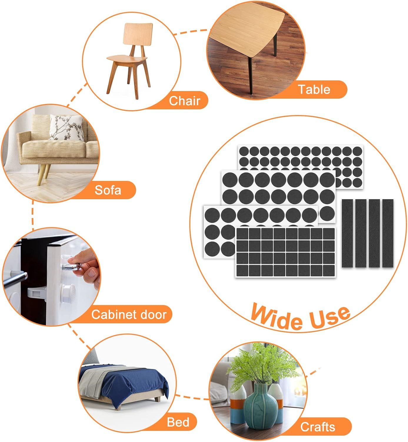 Demonstrates the product's versatility by showing multiple applications across different furniture types and household items (chair, table, sofa, cabinet door, bed, crafts), reassuring shoppers that…