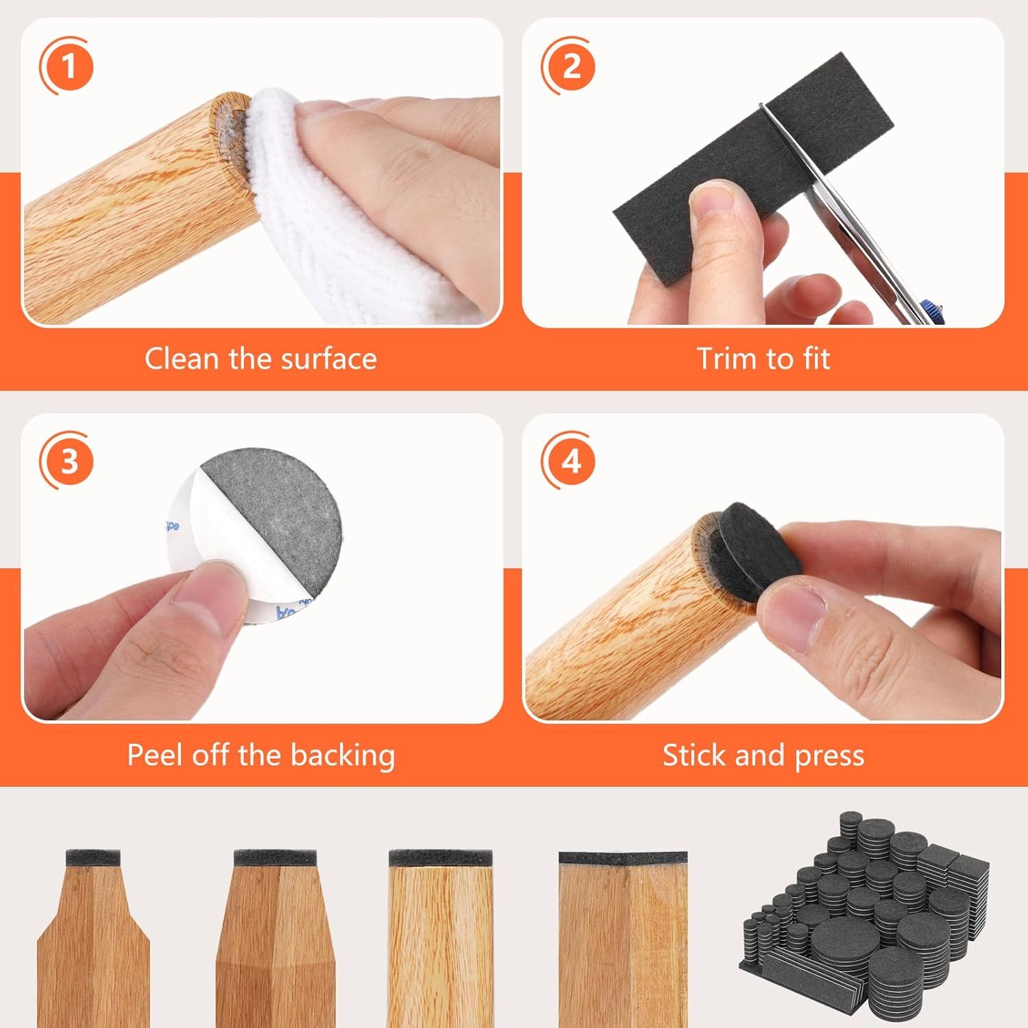 Demonstrates the 4-step installation process for applying furniture pads or floor protectors, showing shoppers exactly how to clean, trim, peel, and stick the product for easy setup.