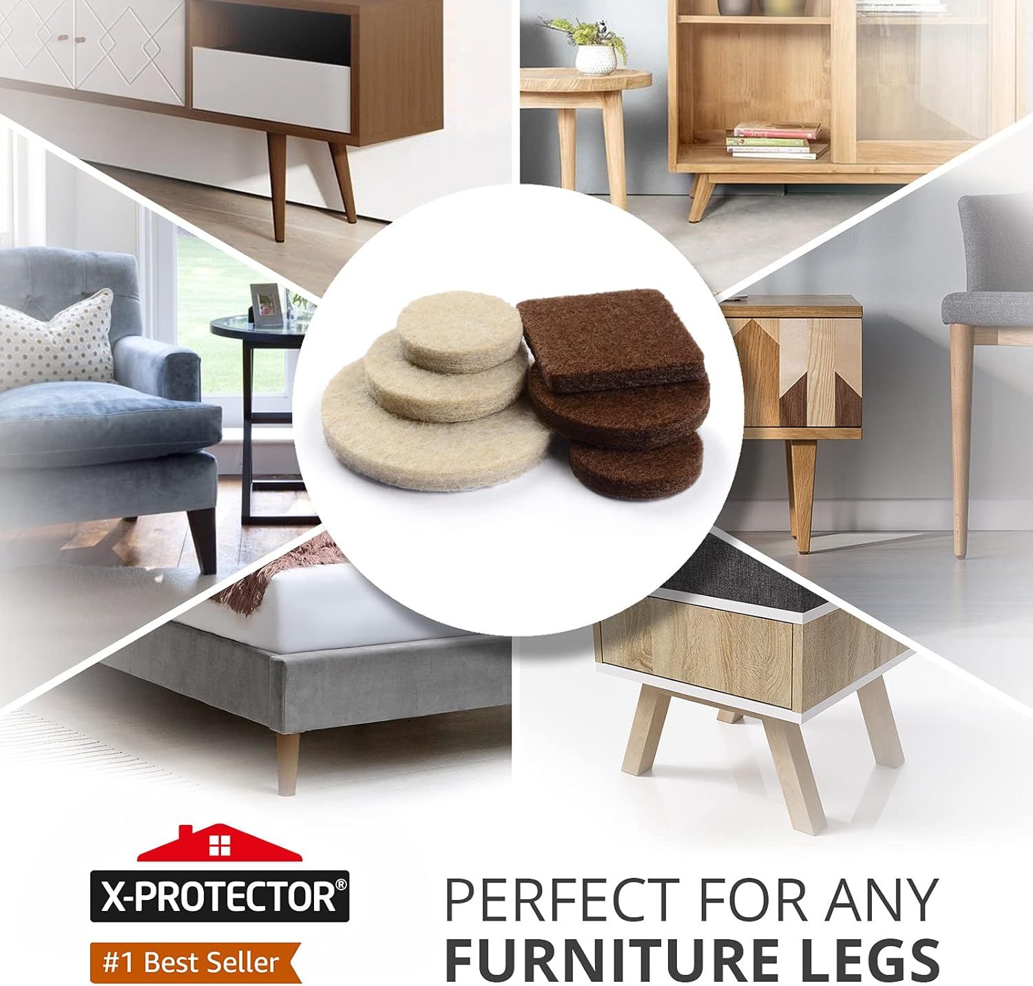 Demonstrates the product's versatility by showing it works with various furniture types across multiple room settings, reassuring shoppers it will fit their specific furniture needs.