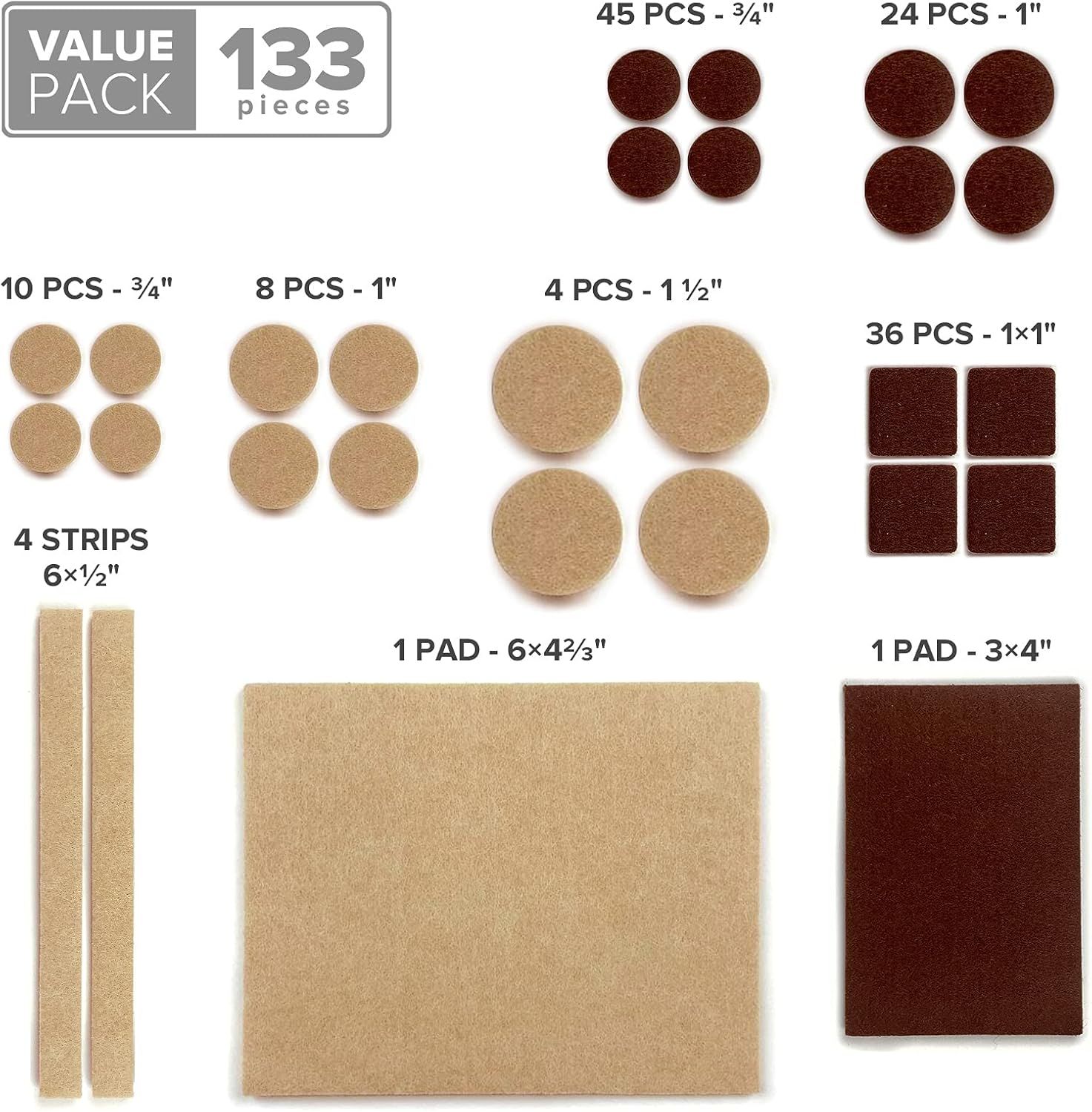 Shows the complete assortment of felt pads included in the value pack, with labeled quantities and dimensions for each size and shape, helping shoppers understand exactly what they receive and the…
