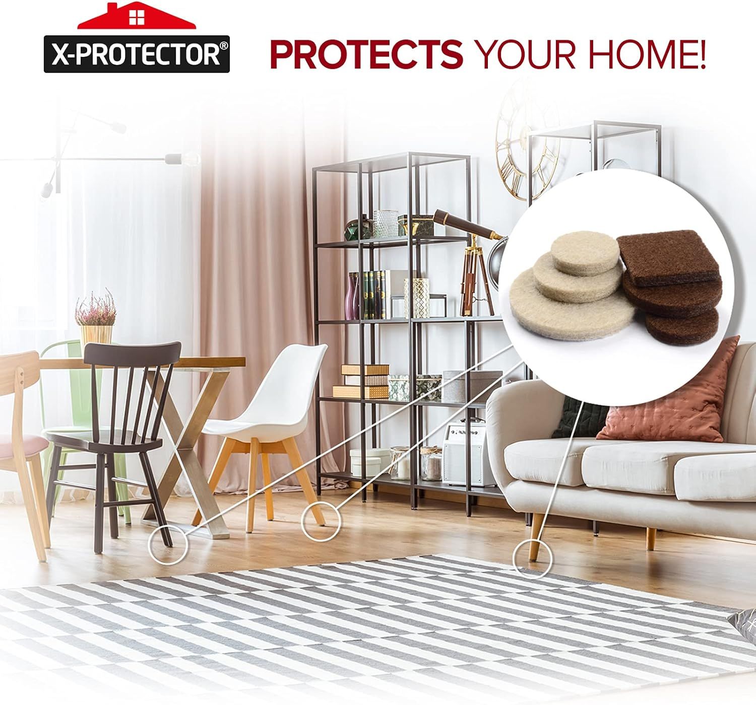 Demonstrates multiple use cases for the furniture pads throughout the home, showing how they protect floors from chairs, shelving units, and sofas to reassure shoppers of the product's versatility.