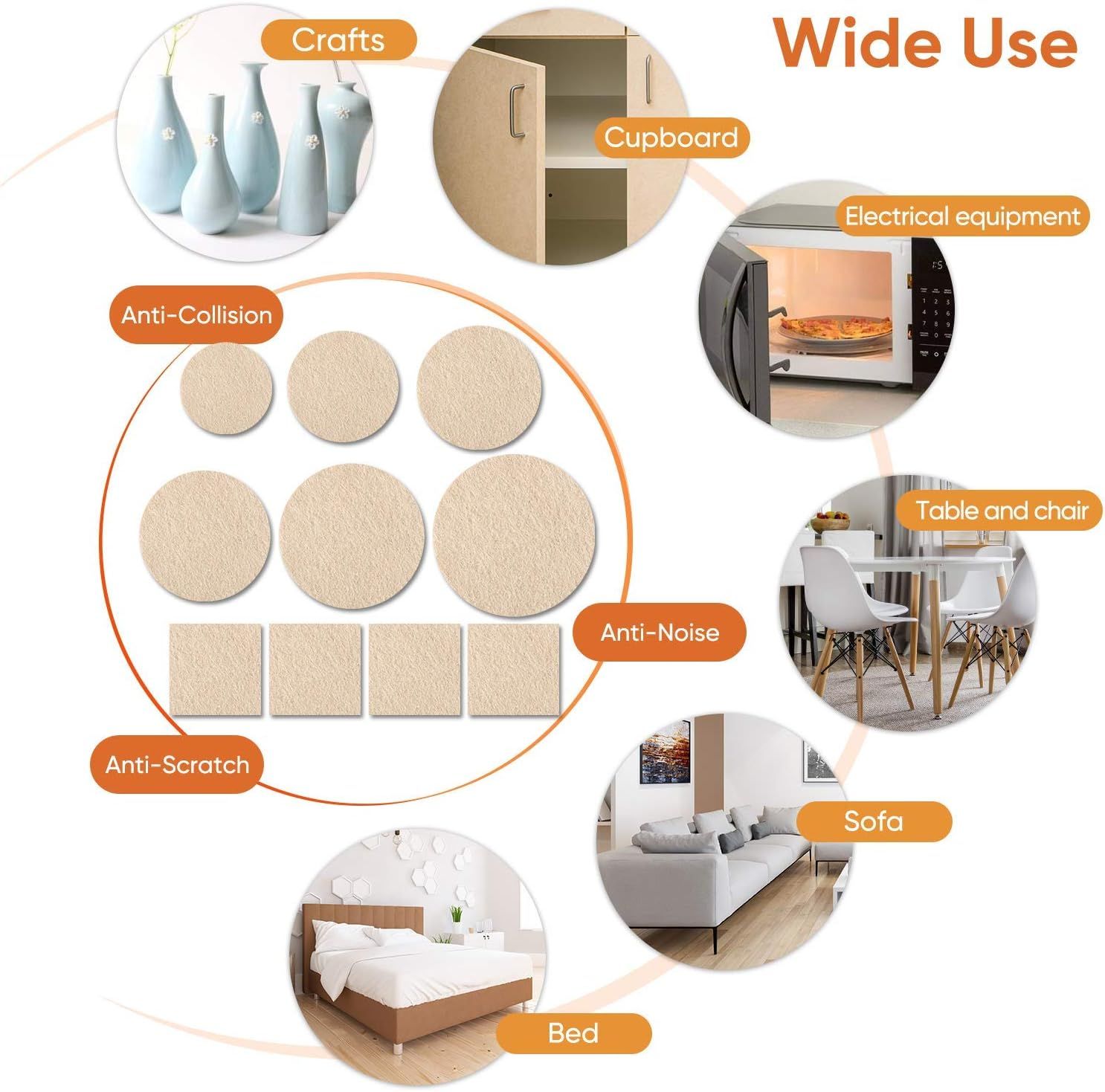 Demonstrates the versatility of the product (furniture pads/protectors) by showing multiple real-world applications across different furniture and household items, reassuring shoppers that the…