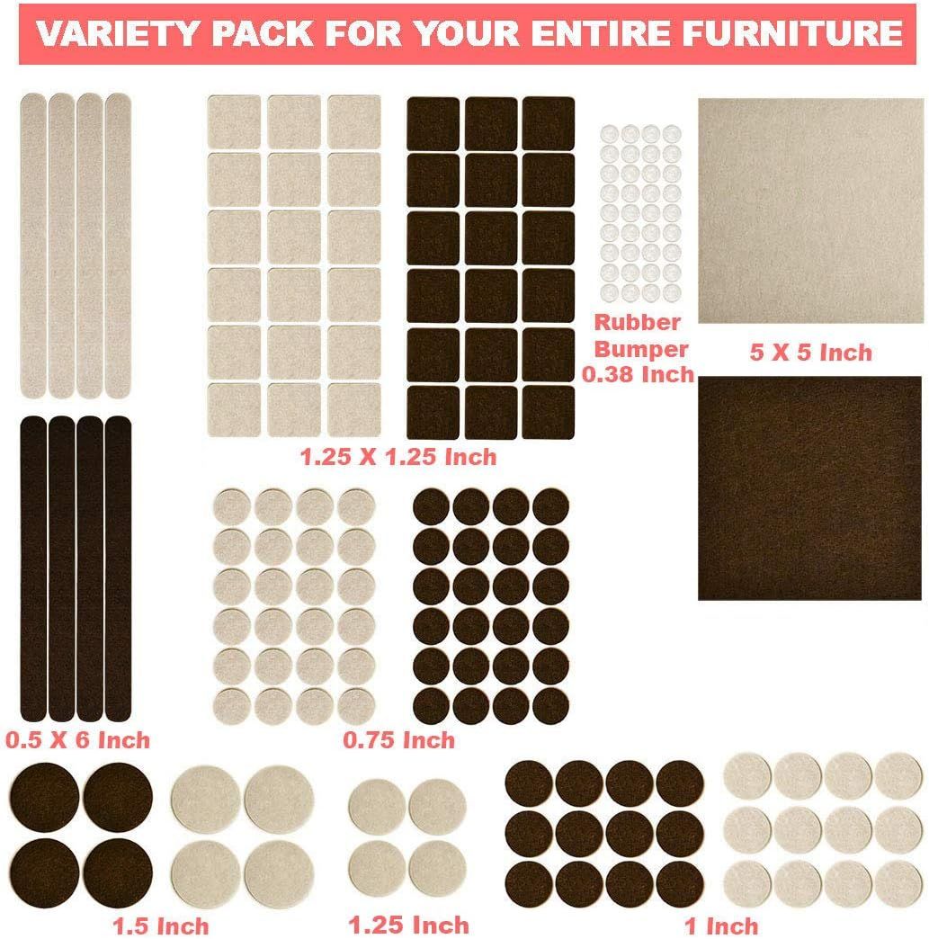 Shows the complete assortment of furniture pads included in the package, with different sizes, shapes, and colors to fit various furniture types and protect floors throughout the home.