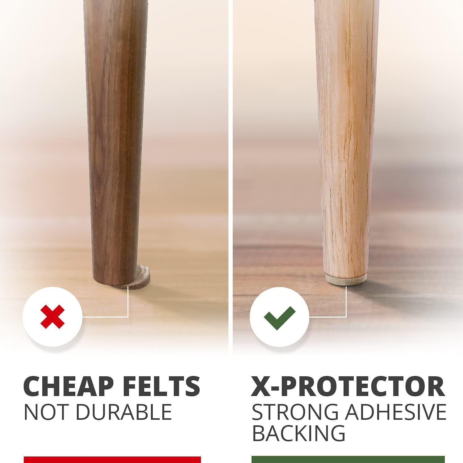 Demonstrates the superiority of X-Protector furniture pads over cheap felt alternatives by showing that cheap felts are not durable while X-Protector has strong adhesive backing that stays in place.