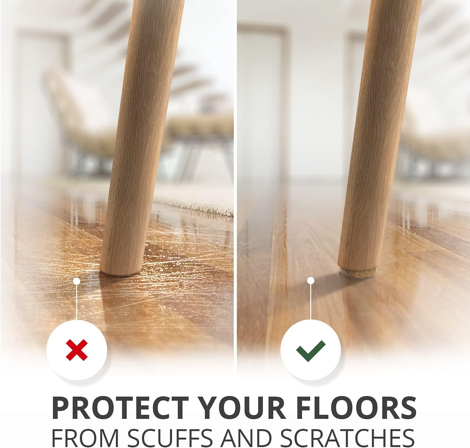 Demonstrates the product's ability to prevent floor damage by showing a before-and-after comparison of furniture legs with and without protective pads, reassuring shoppers that it will keep their…
