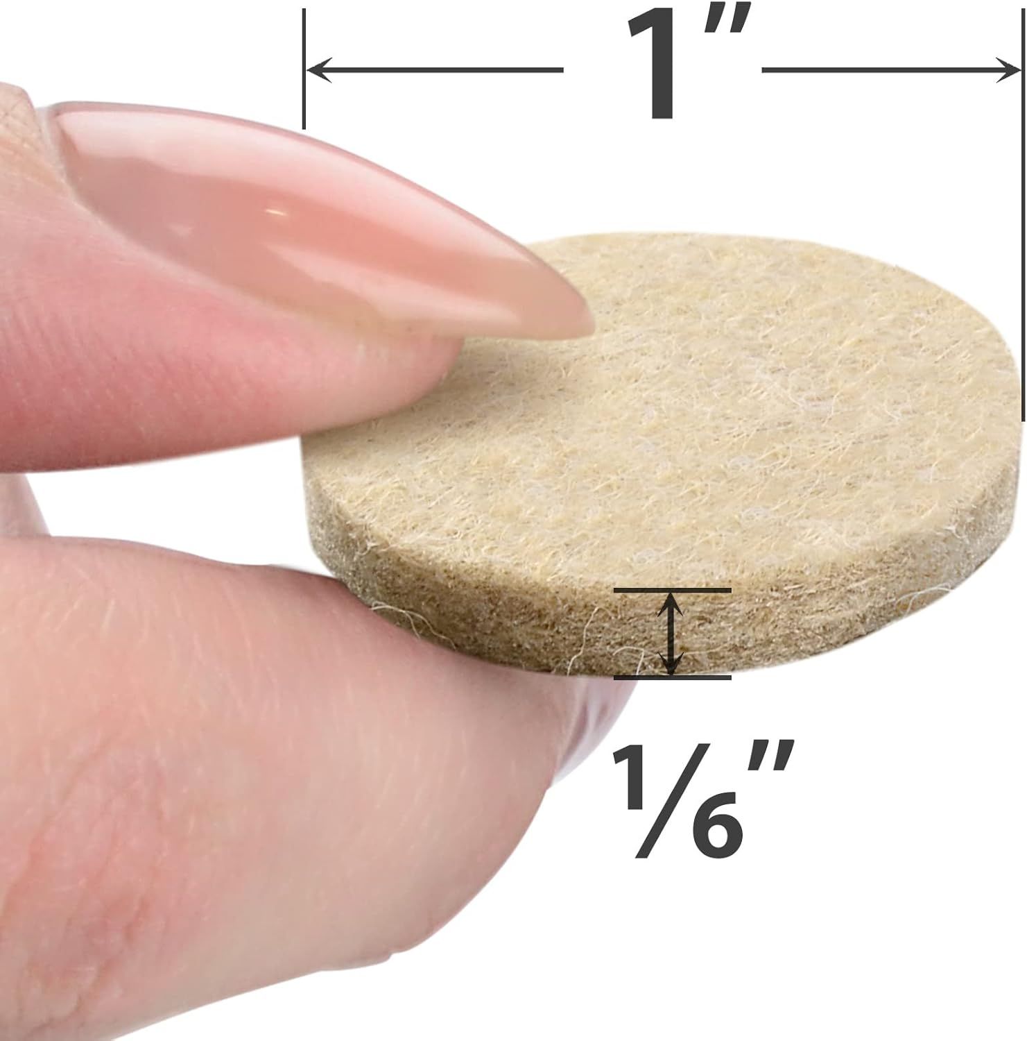 Communicates the exact physical size of the product (1 inch diameter, 1/6 inch thickness) to help shoppers understand scale and fit for their needs.