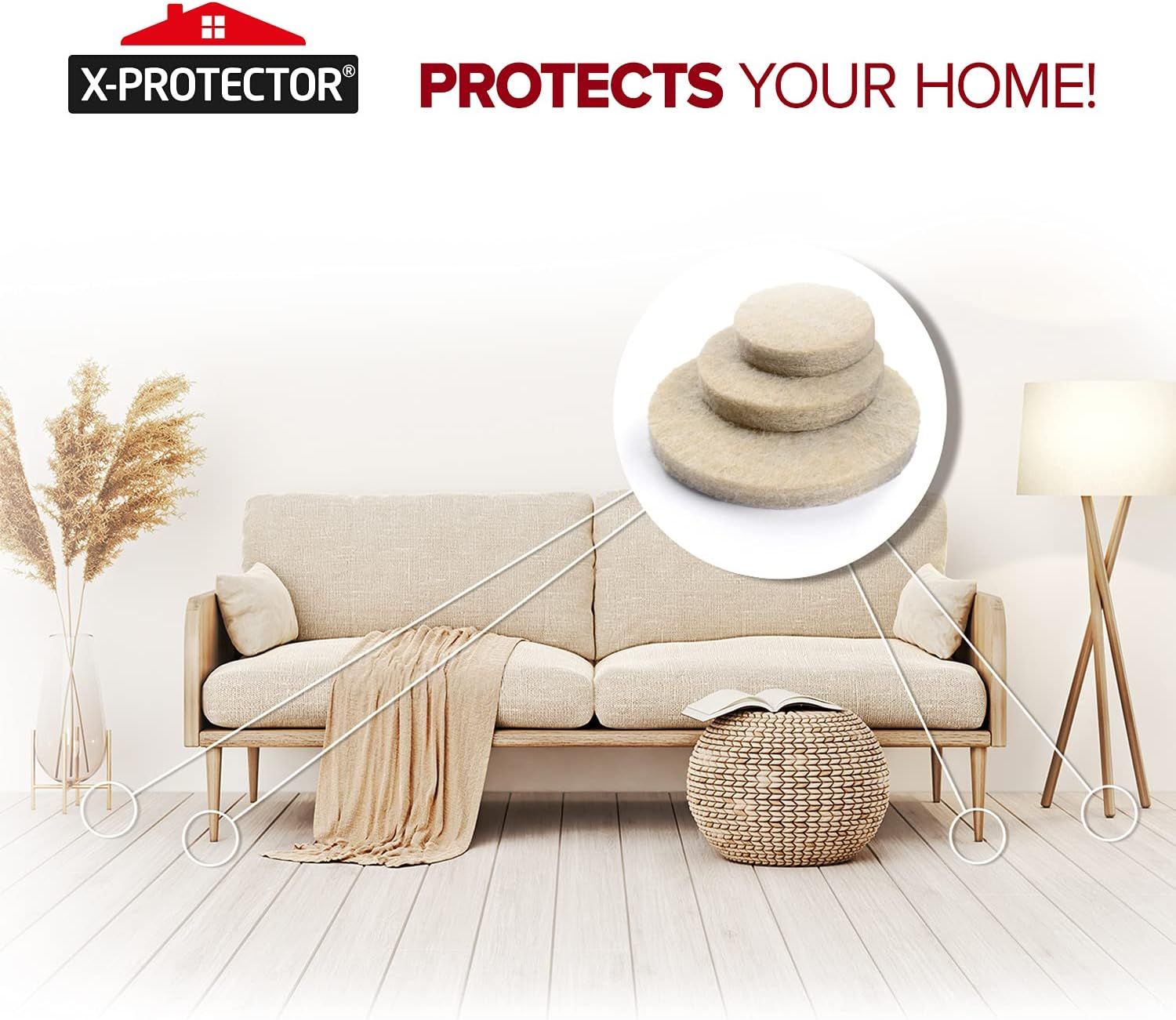 Demonstrates how the product protects furniture in a home setting, showing the felt pads prevent floor scratches and furniture damage. Communicates the core benefit that the product protects your…