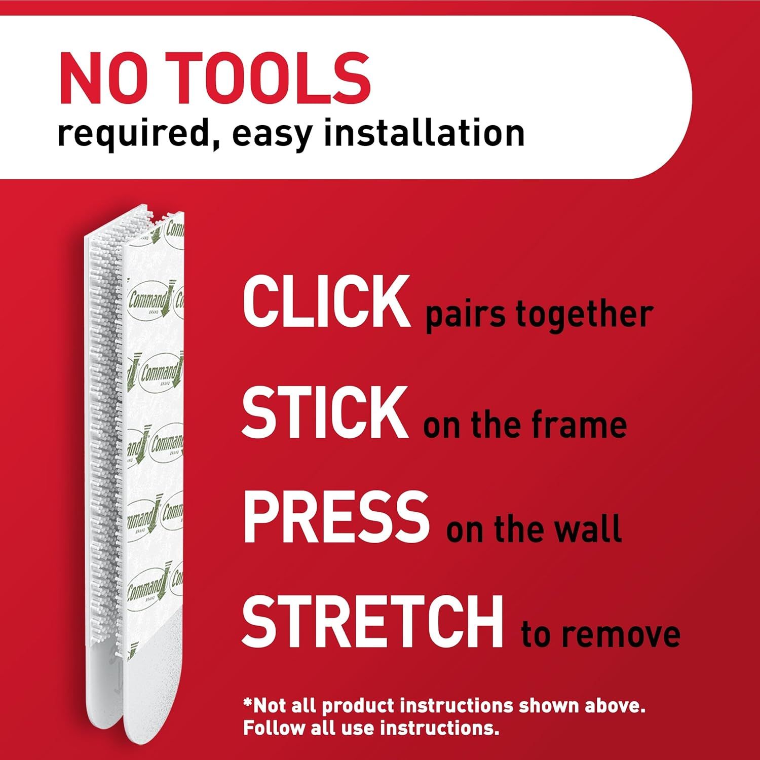 Demonstrates the simple 4-step installation process (click, stick, press, stretch) to reassure shoppers that the product requires no tools and is easy to install and remove. Highlights the key…