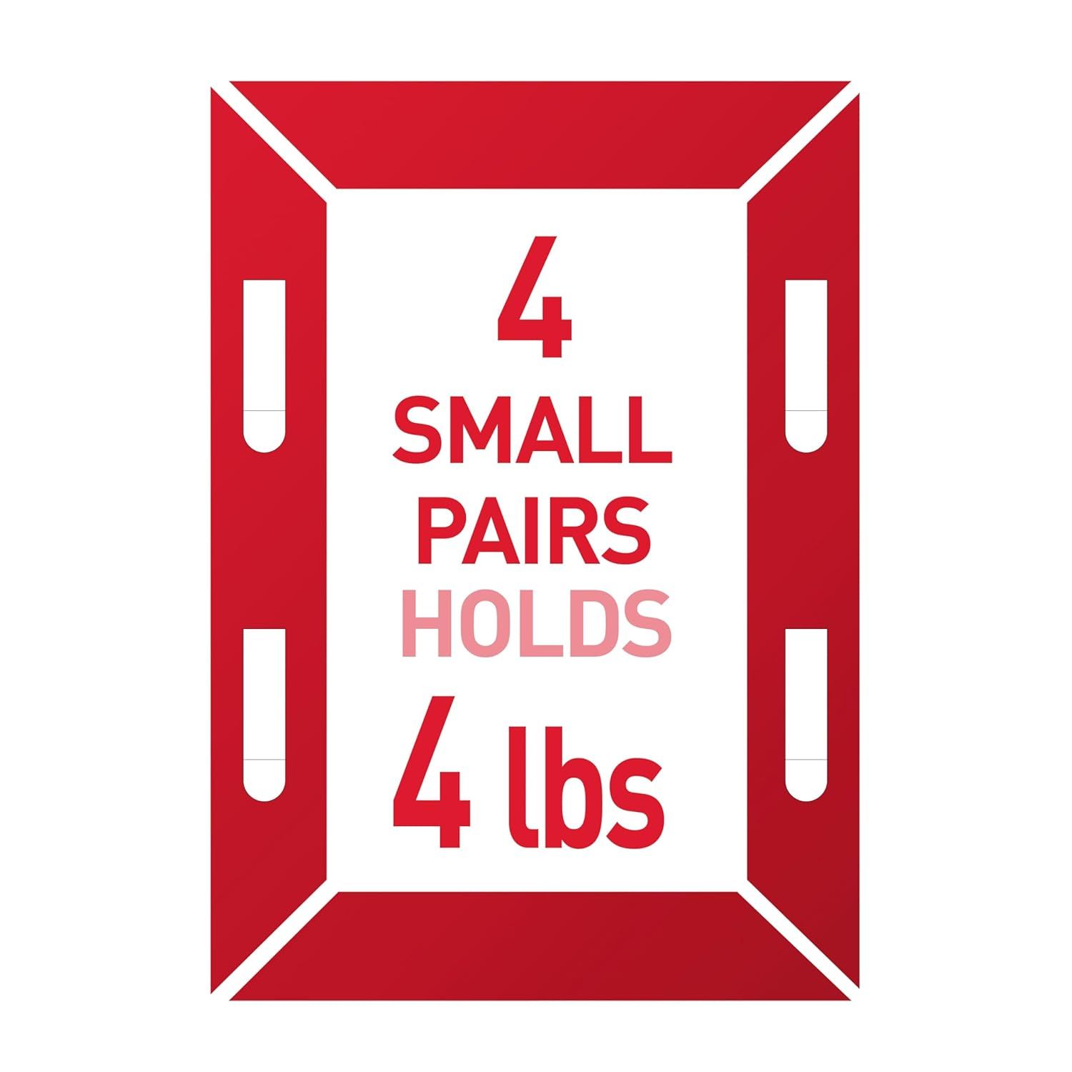 Communicates the product's holding capacity by showing that 4 small pairs can hold 4 lbs, reassuring shoppers about the product's strength and utility.