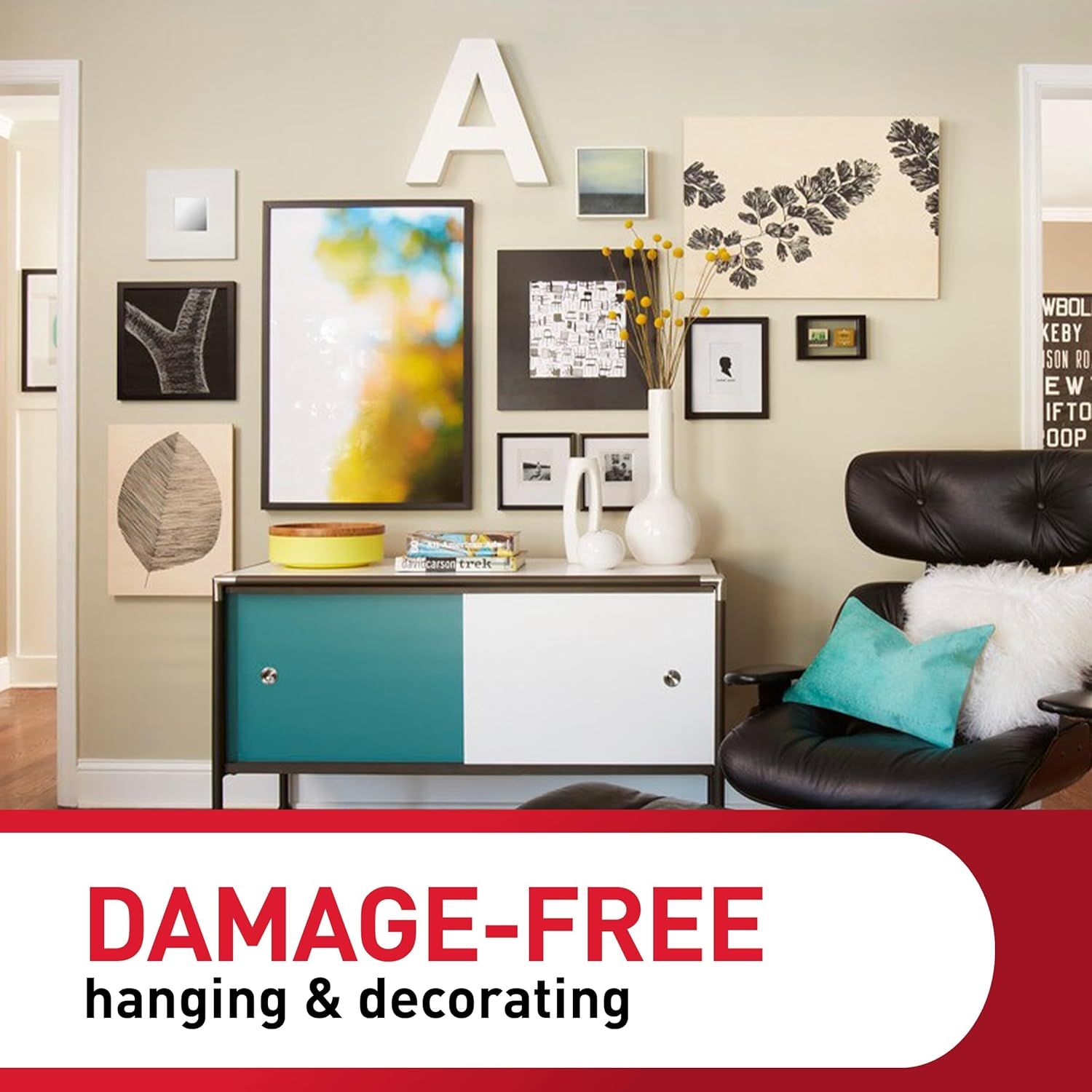 Communicates that the product enables damage-free hanging and decorating, reassuring shoppers they can decorate without harming walls.