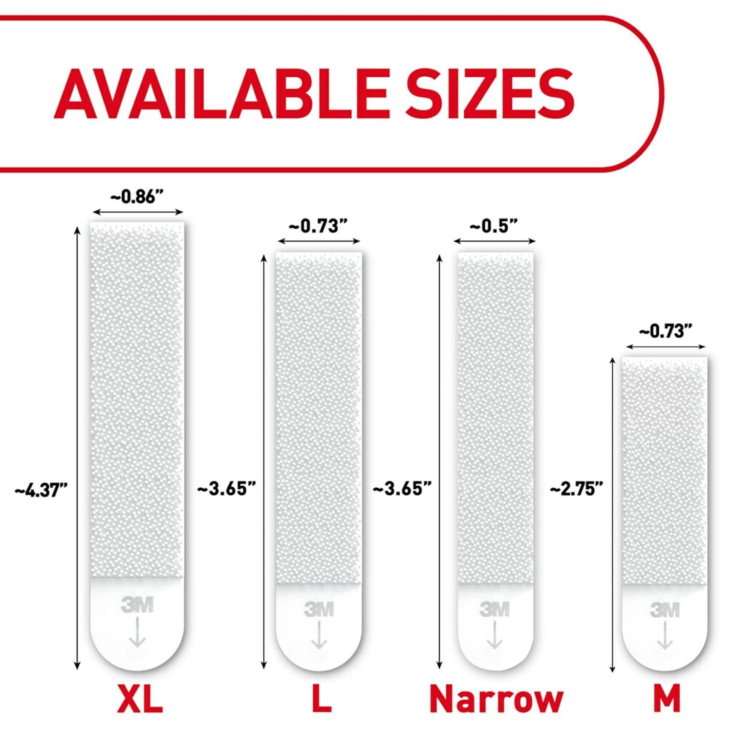Shows shoppers the exact physical dimensions of four different size options (XL, L, Narrow, M) to help them choose the right fit for their needs.