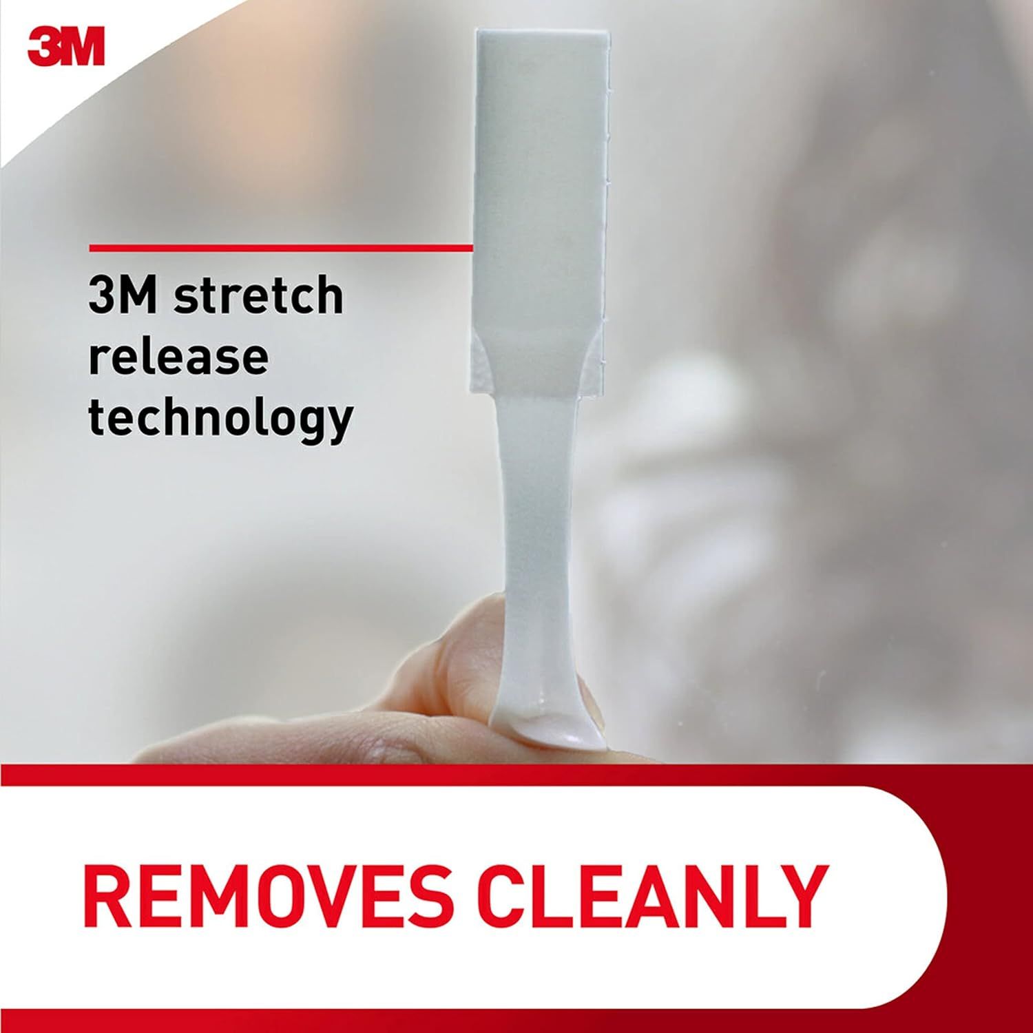 Highlights the product's proprietary 3M stretch release technology that allows the adhesive strip to be removed cleanly without residue, reassuring shoppers of easy and damage-free removal.