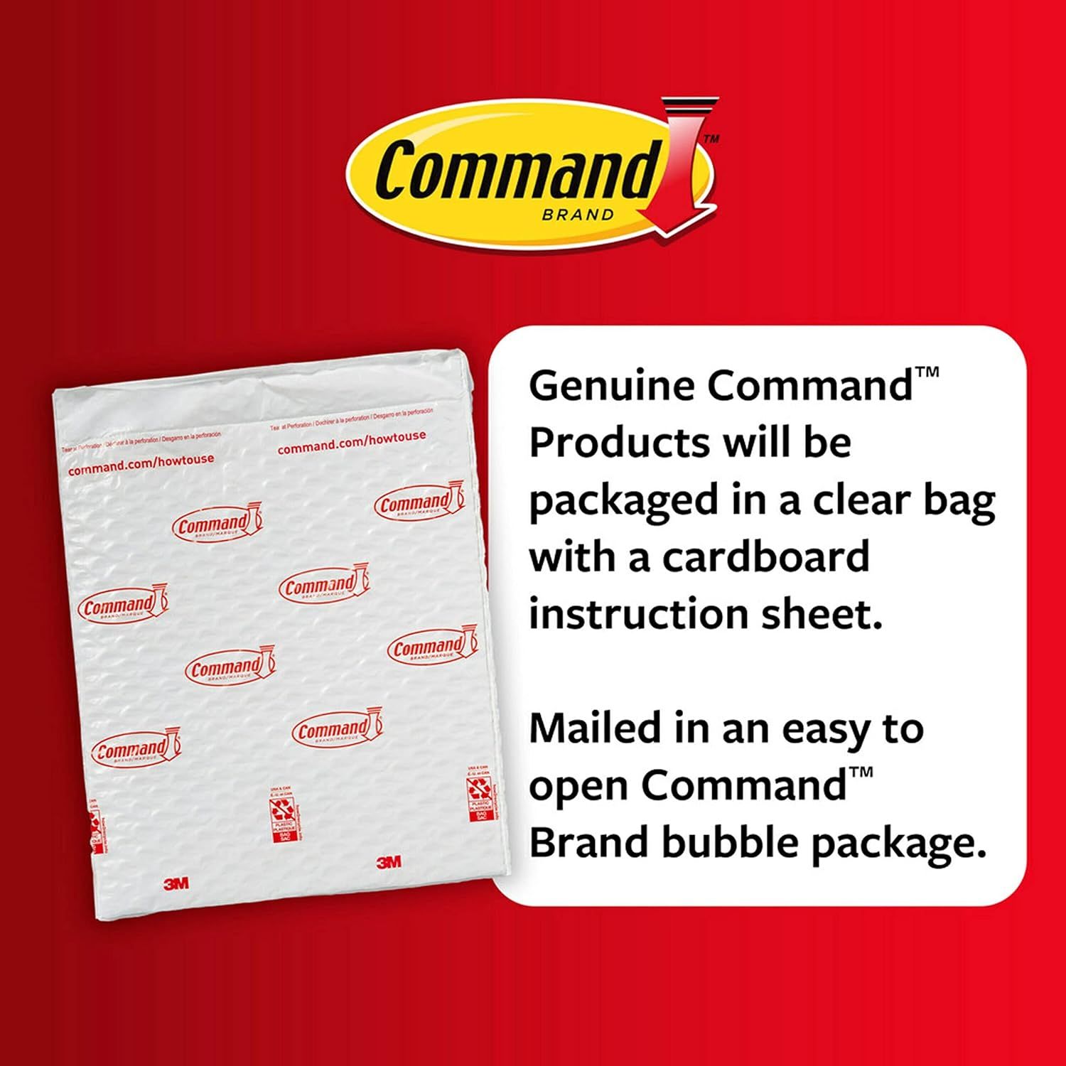 Educates shoppers on how to identify genuine Command products by showing the authentic packaging format (clear bag with cardboard instruction sheet and bubble mailer), building trust and preventing…
