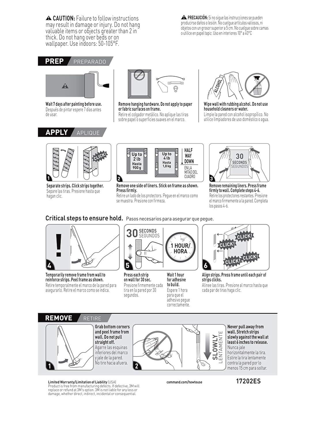 Provides detailed step-by-step instructions for preparing, applying, and removing the product (likely picture hanging strips or wall mounting system) to ensure proper installation and safe removal.