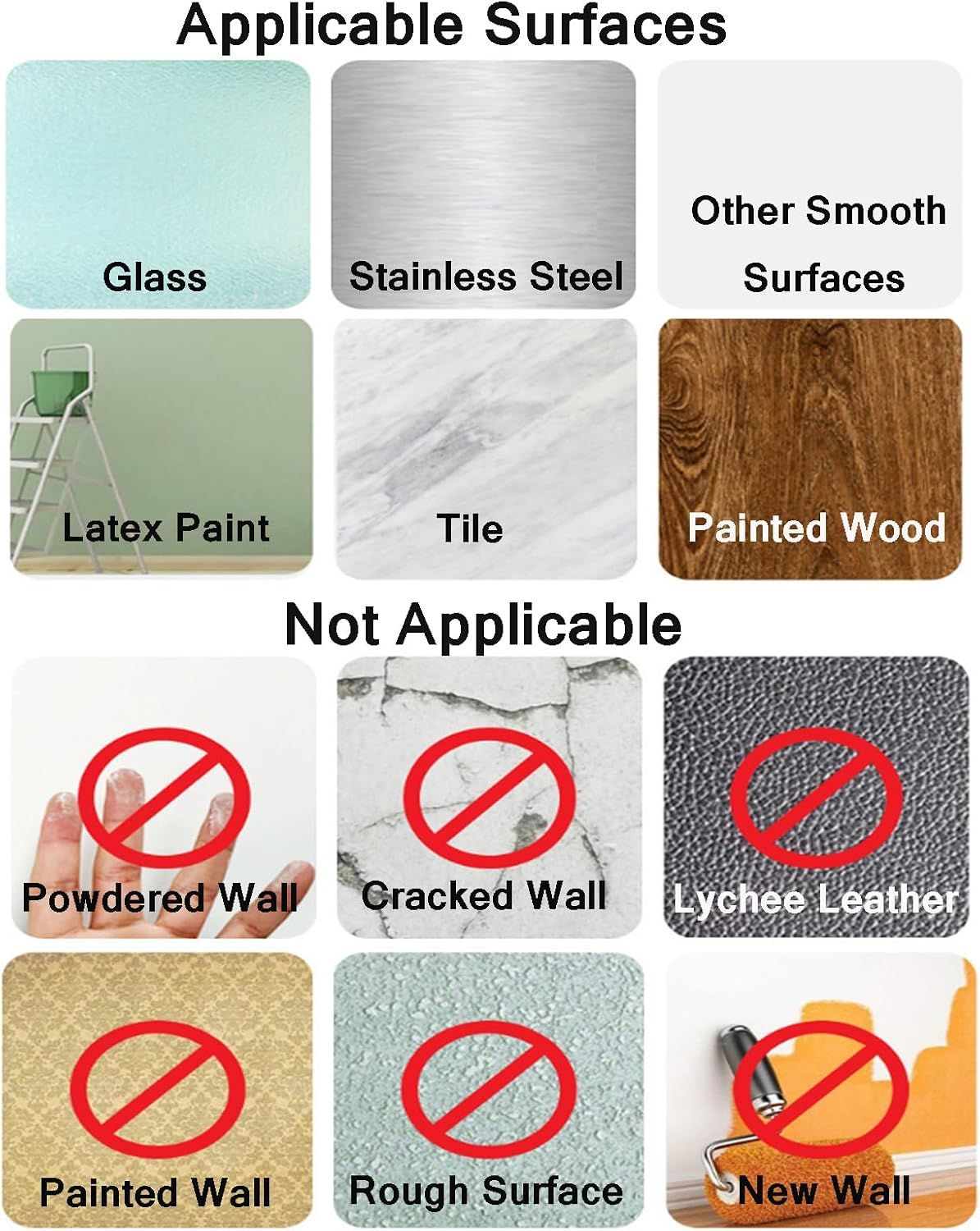 Demonstrates the multiple surface types where the product can and cannot be used, helping shoppers understand whether the product is suitable for their specific application needs.