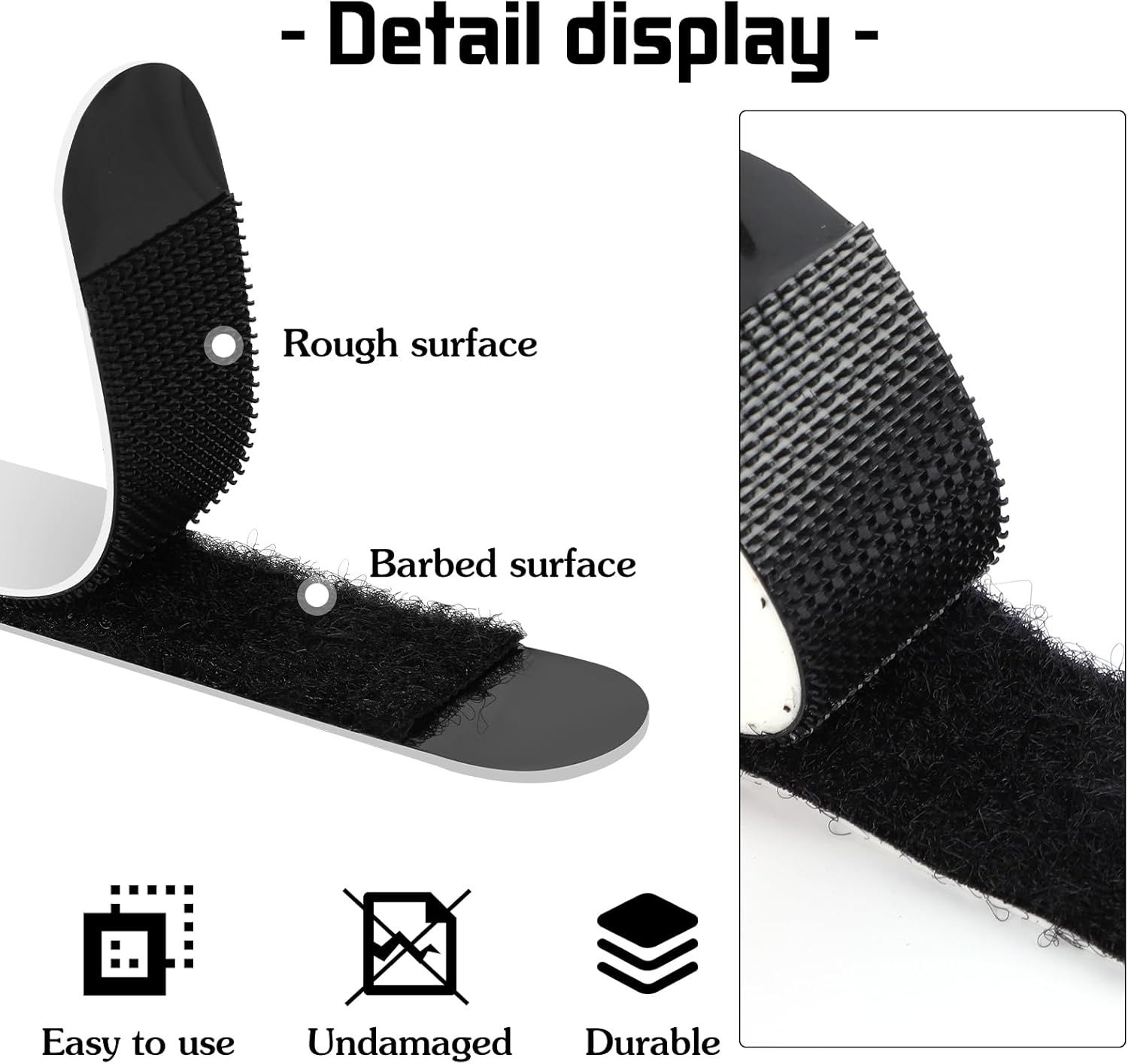 Highlights the physical construction of the product by labeling two distinct surface textures (rough and barbed) to show how the product is designed for effective use. Communicates multiple selling…