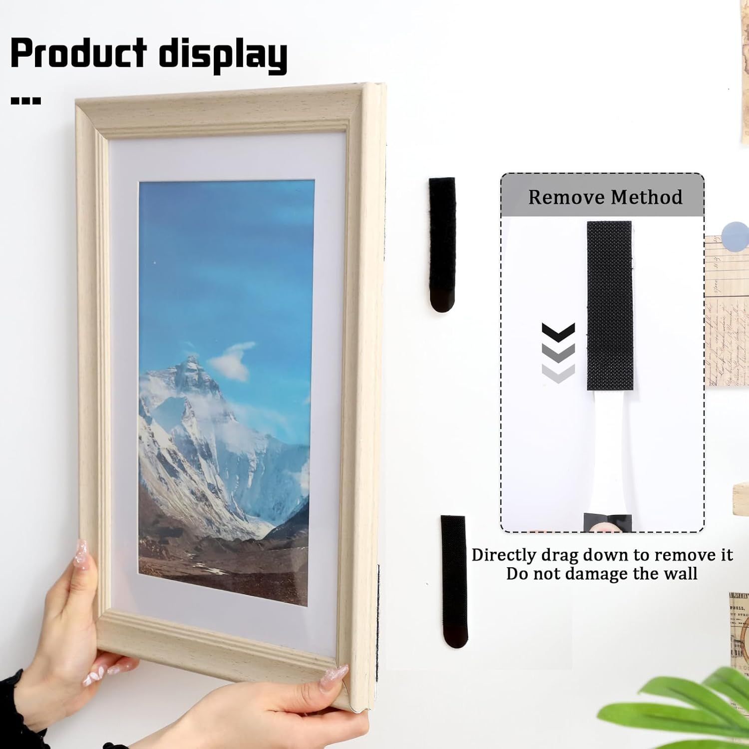 Demonstrates how to safely remove the product from the wall by dragging down, reassuring shoppers that it won't damage walls and is easy to reposition or take down.