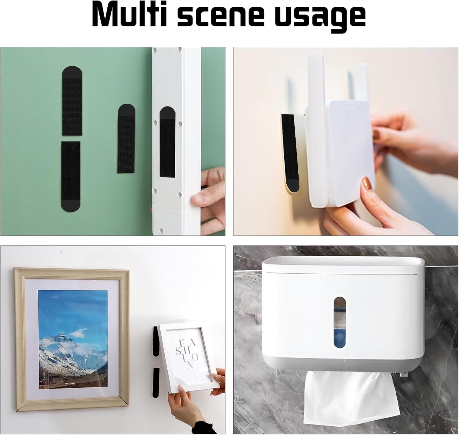 Demonstrates the product's versatility by showing it can be used in multiple locations and contexts throughout the home, including doors, walls, and bathrooms.