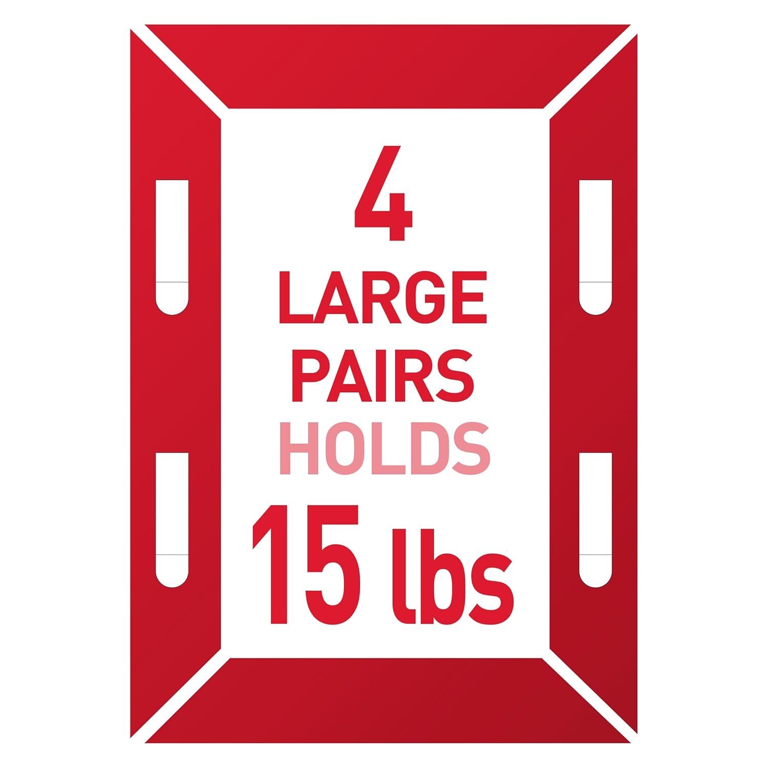 Communicates the product's capacity by showing it can hold 4 large pairs totaling 15 lbs, reassuring shoppers about its strength and storage capability. Shows the customer receives 4 large pairs in…