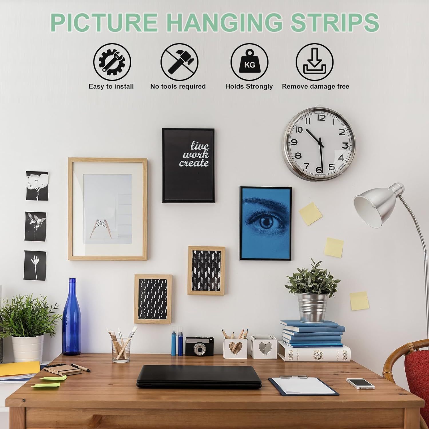 Communicates multiple key benefits of the picture hanging strips in a segmented icon layout, reassuring shoppers that the product is easy to use, strong, and won't damage walls.