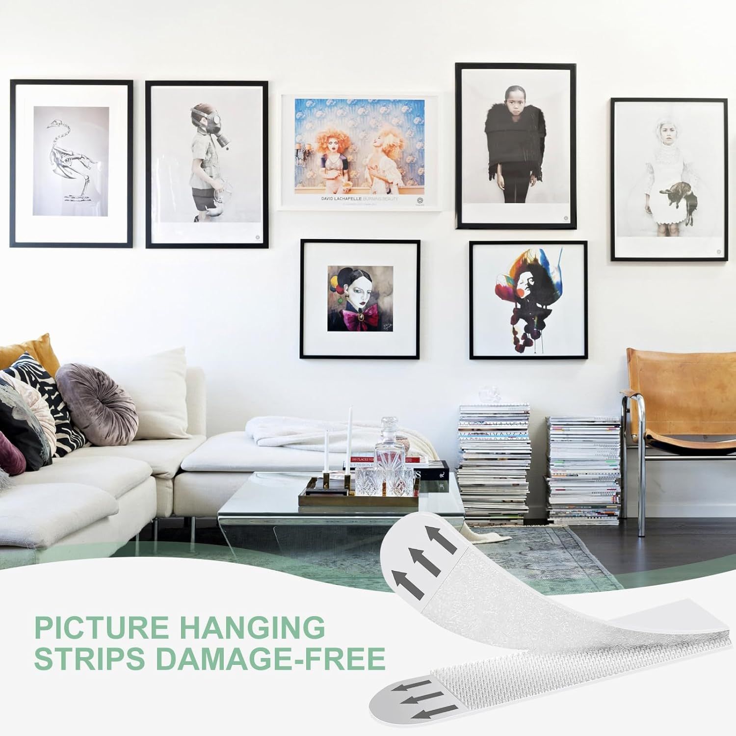 Communicates that the picture hanging strips allow customers to hang frames without damaging walls, providing a safe and convenient solution for home decor.