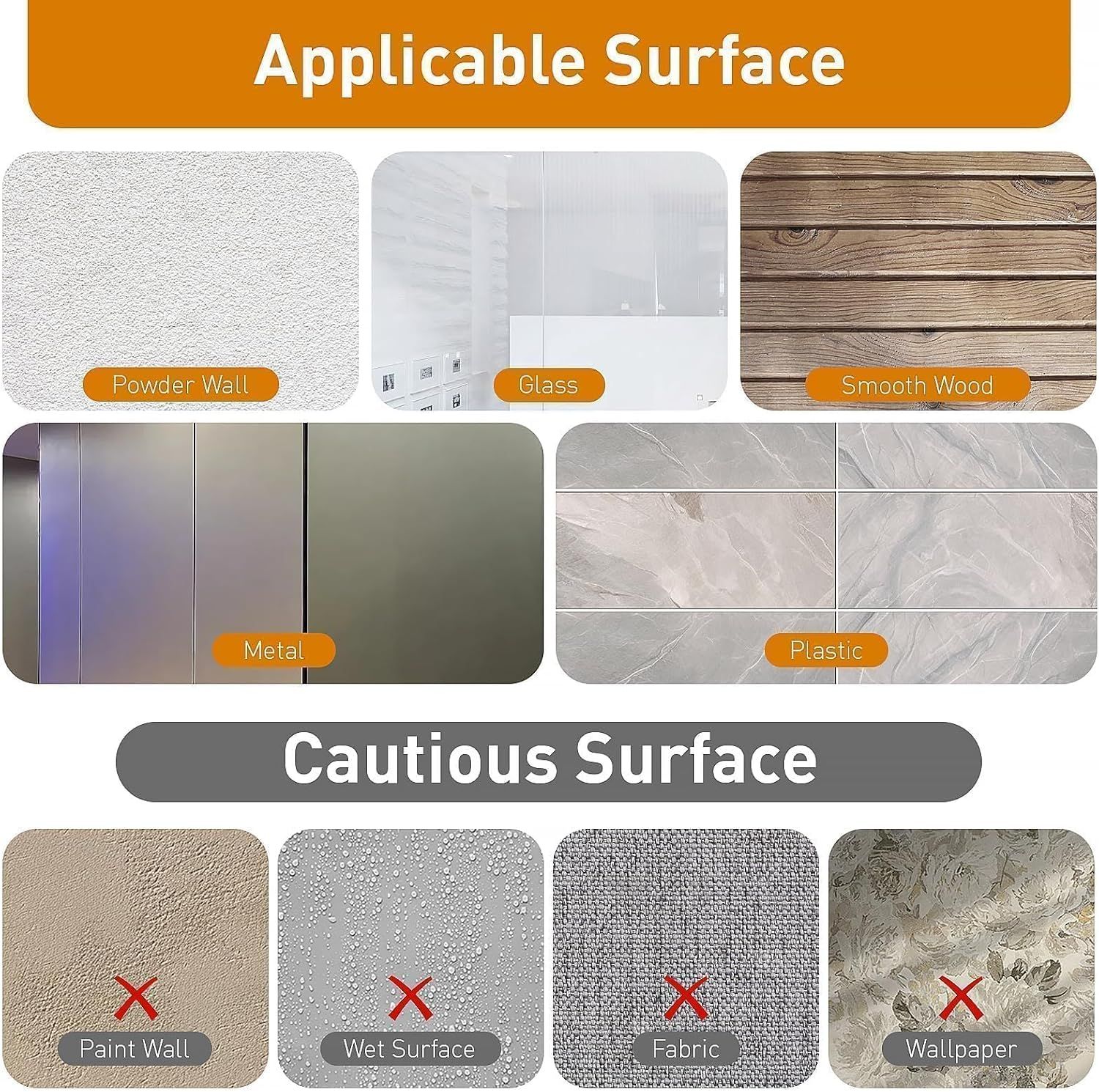 Shows shoppers which surfaces the product can and cannot be used on, helping them determine if it's suitable for their intended application.