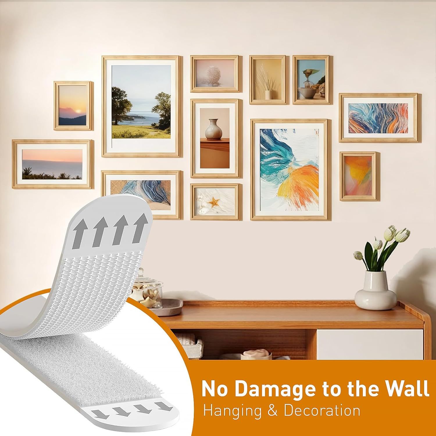 Communicates that the product allows for easy picture frame hanging without damaging walls, reassuring shoppers about safe and convenient installation.