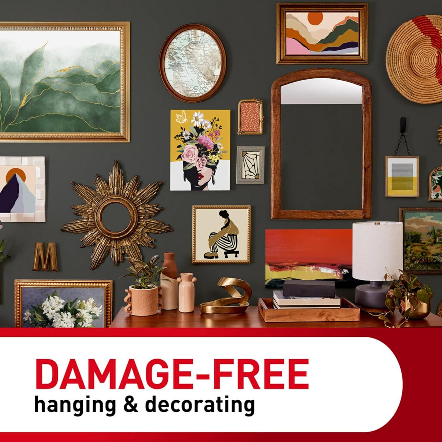 Communicates that the product enables damage-free hanging and decorating, reassuring shoppers they can display items without harming walls.