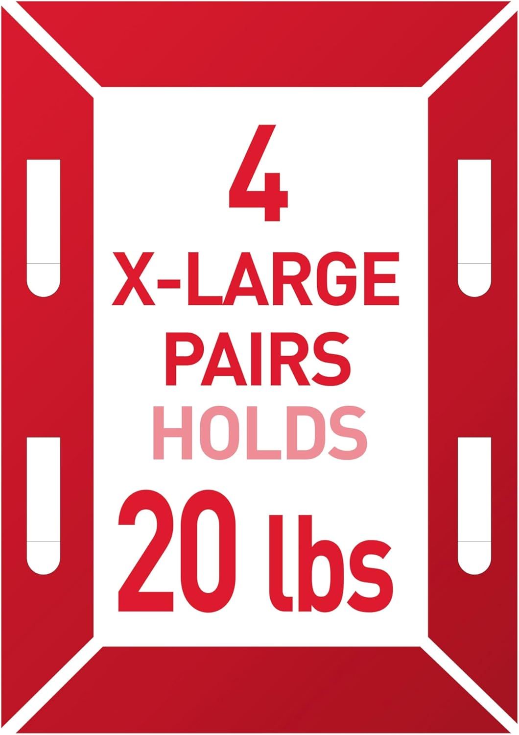 Communicates the product's impressive weight capacity of 20 lbs across 4 X-Large pairs, reassuring shoppers of its strength and storage capability.
