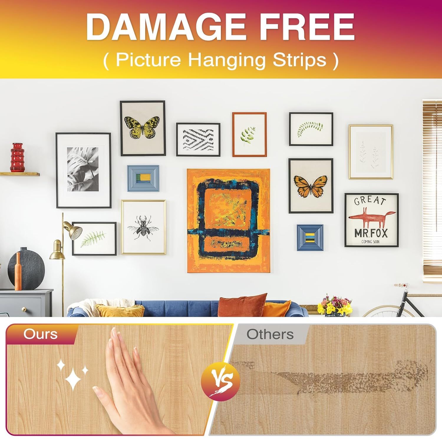 Demonstrates that this product's picture hanging strips leave walls clean and damage-free compared to competitors, which leave visible marks and damage. Highlights the key benefit that the product…