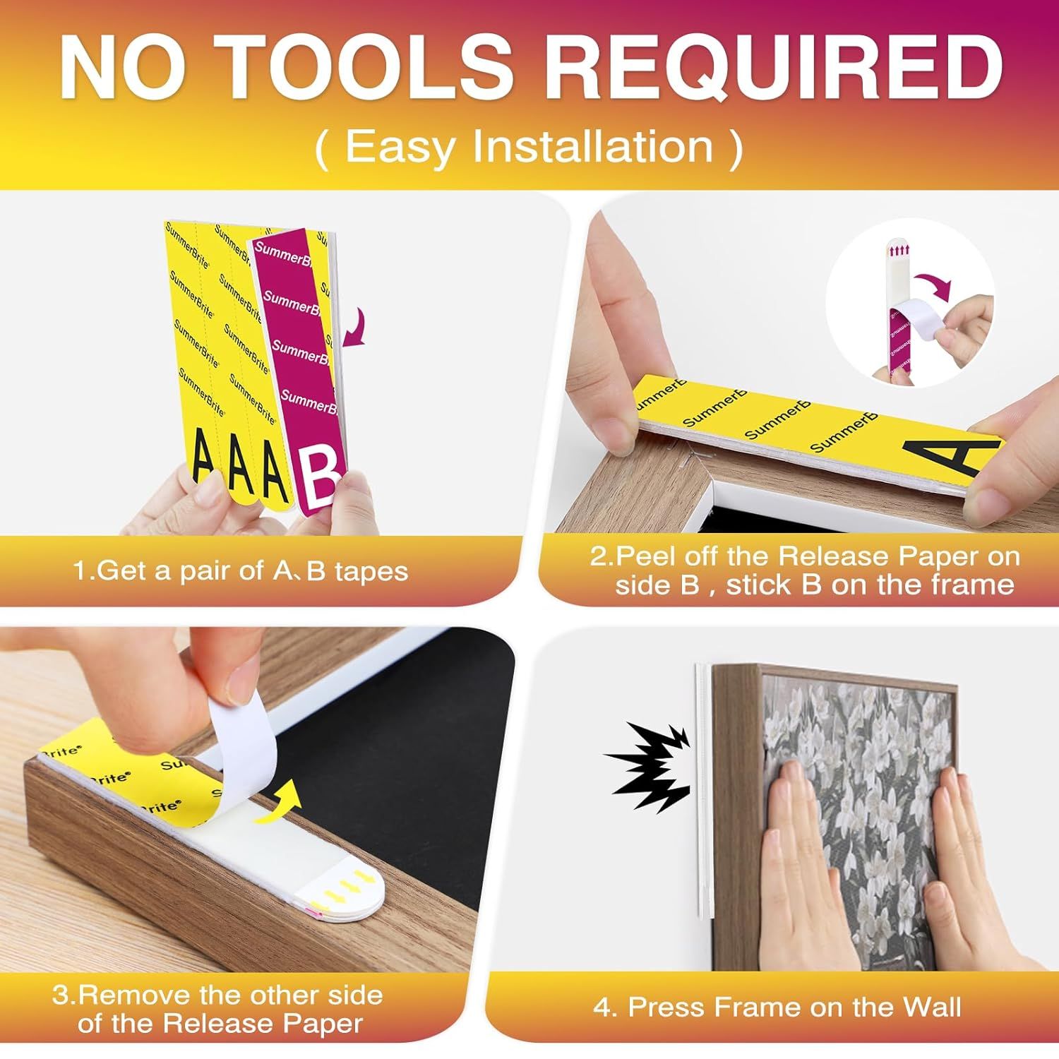 Demonstrates the simple 4-step installation process for mounting a frame using adhesive tape, reassuring shoppers that no tools are needed and setup is quick and easy.