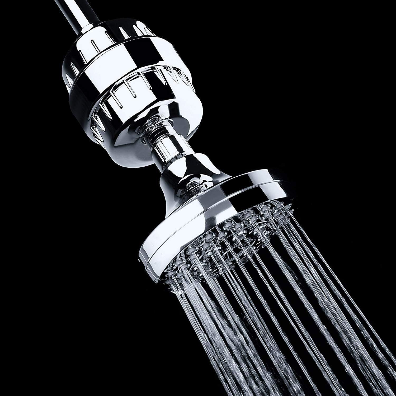 Provides a clean, professional catalog-style image of the shower filter product to show its chrome finish and design details without distractions.