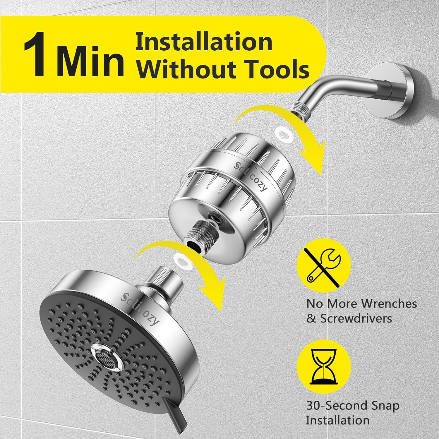 Demonstrates the simple, tool-free installation process of the shower head filter, reassuring shoppers that setup takes only 1 minute without wrenches or screwdrivers. Highlights the product's…