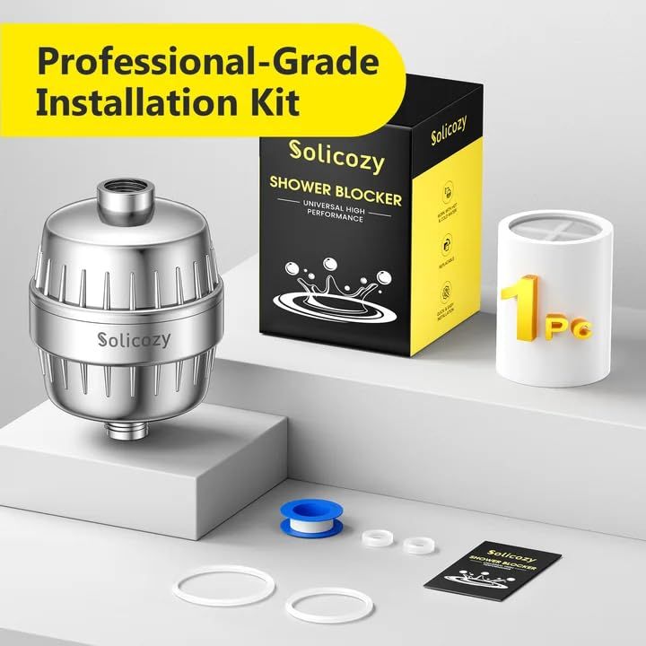 Shows everything the customer receives with their purchase, including the shower blocker unit, packaging, installation accessories (seals, rings, tape), and instructions to reassure buyers they have…