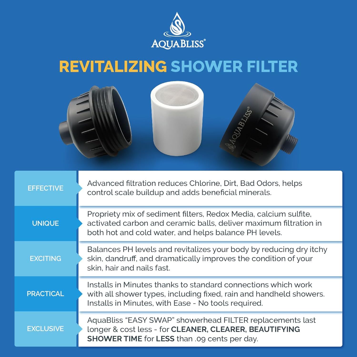 Communicates multiple distinct benefits of the shower filter system through a segmented layout, highlighting effectiveness, uniqueness, health benefits, ease of installation, and cost savings to…