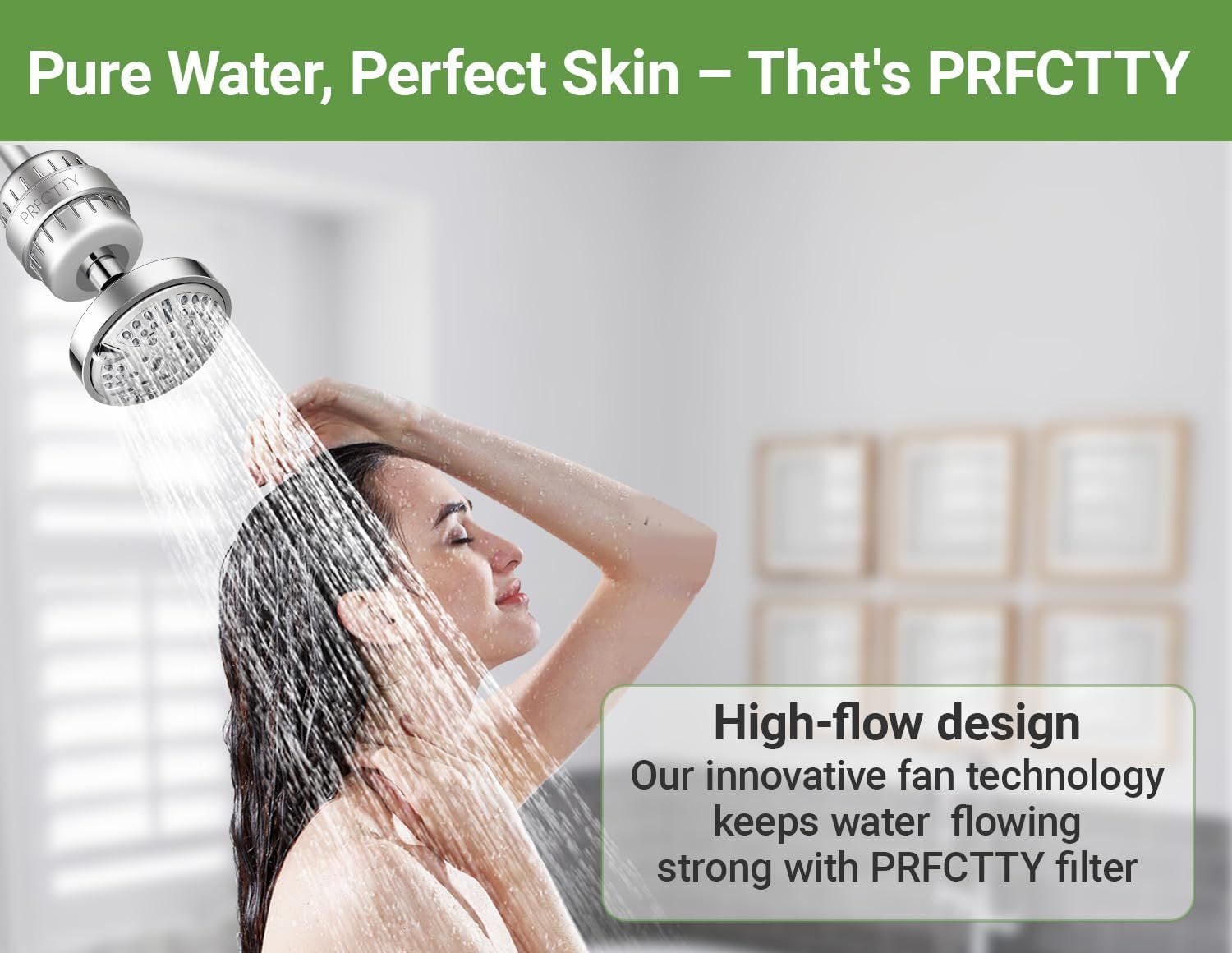 Communicates that the shower filter maintains strong water pressure despite filtration, reassuring shoppers they won't sacrifice flow for water purity.