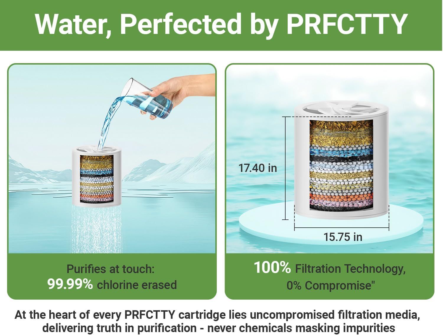 Communicates multiple key benefits of the water filter including its high chlorine removal rate, pure filtration technology, and physical size specifications to help shoppers understand both…