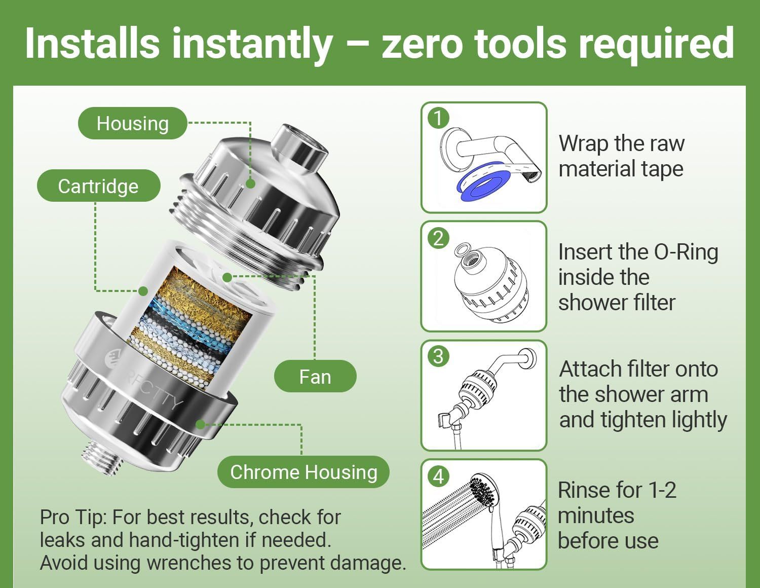 Demonstrates the simple 4-step installation process for the shower filter, reassuring shoppers that it requires zero tools and can be installed instantly without professional help.