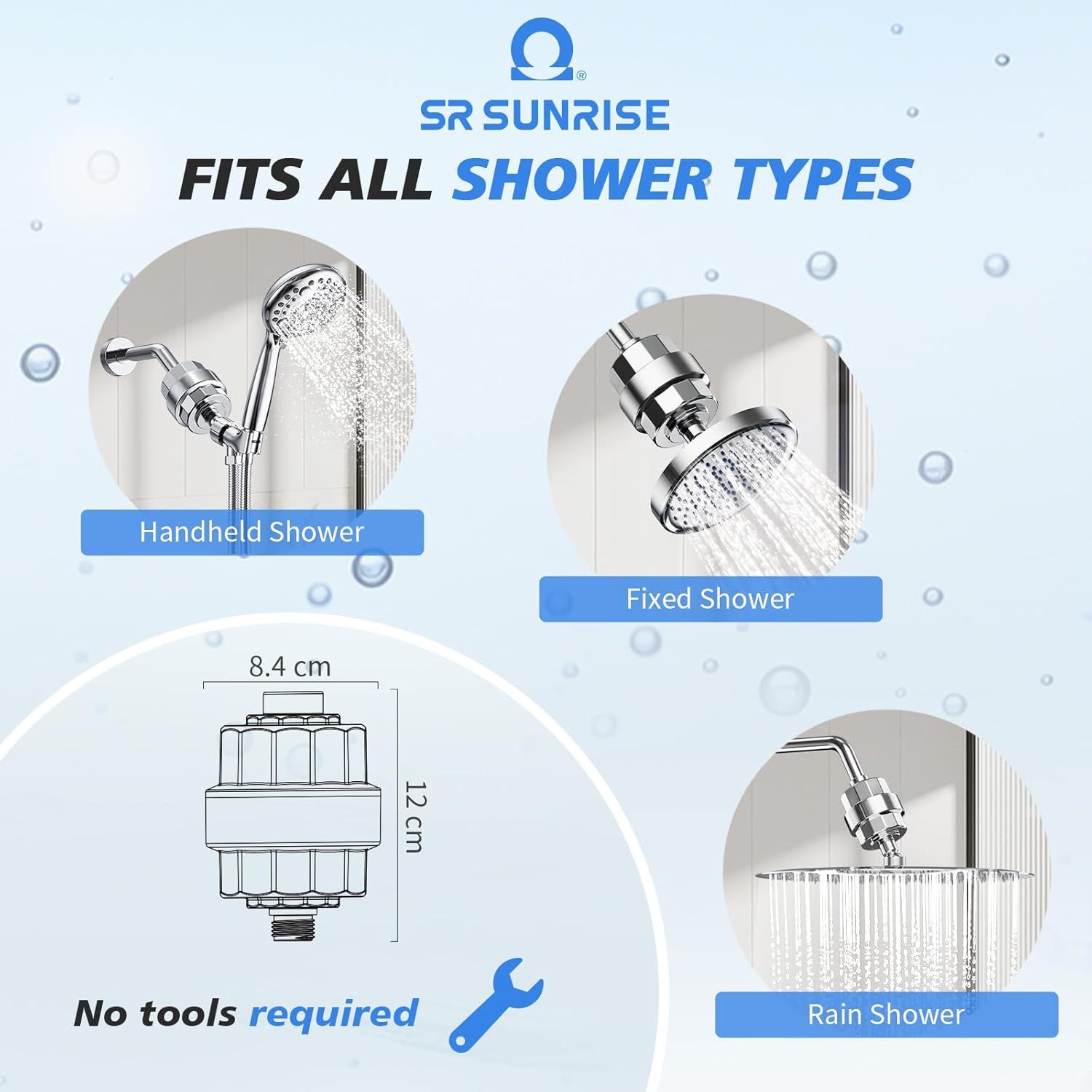 Demonstrates that the product fits multiple shower types (handheld, fixed, and rain showers), reassuring shoppers of its versatility and broad compatibility. Communicates that the product requires…