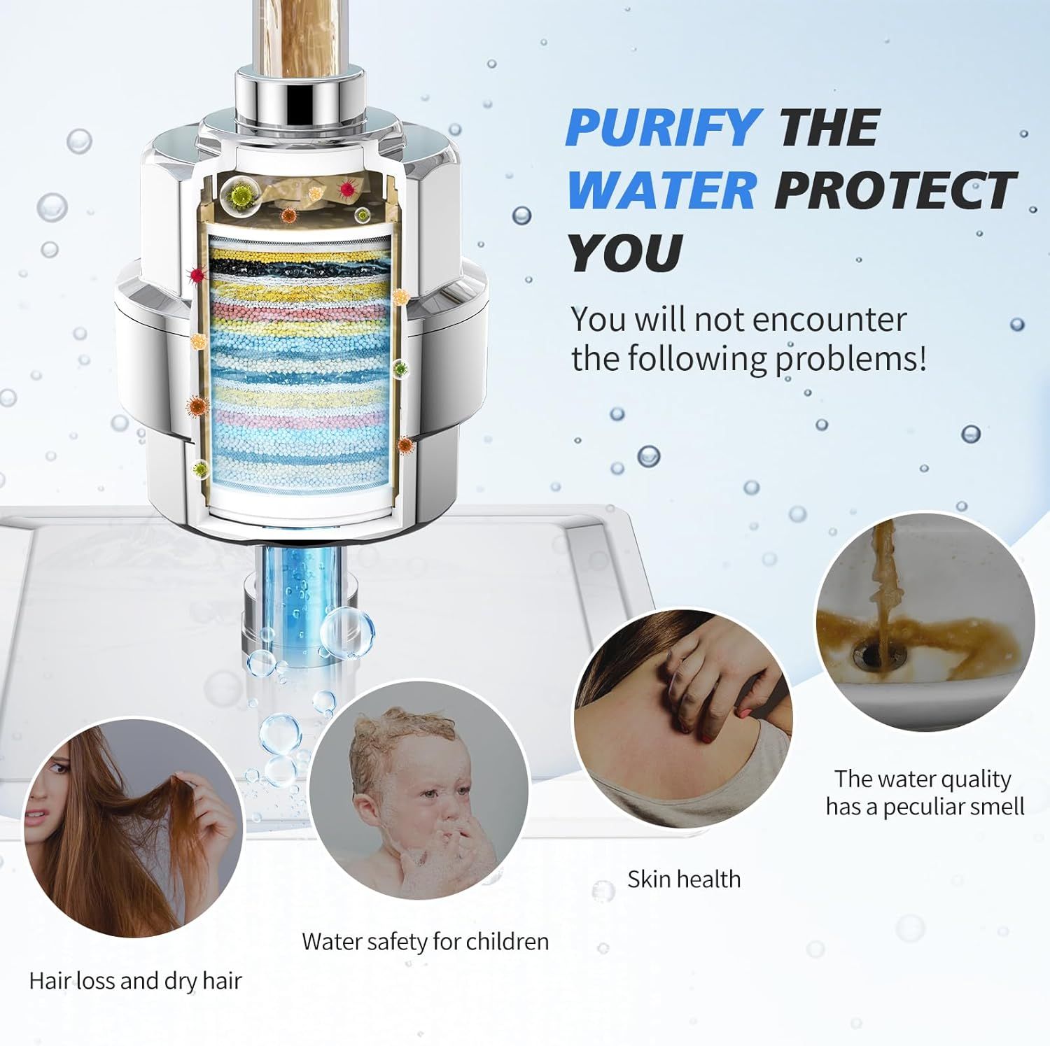Shows the internal filtration layers and structure of the water purifier to demonstrate how it works and reassure shoppers of its comprehensive purification capability. Highlights multiple health…
