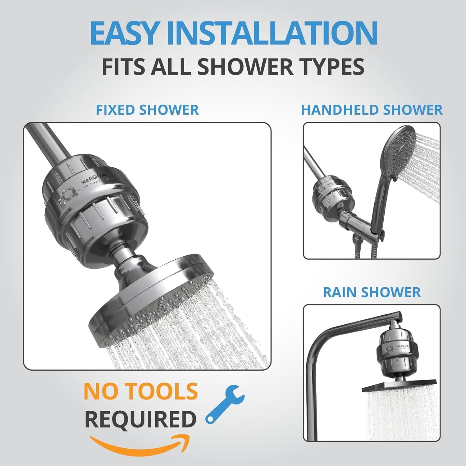 Demonstrates that the product is compatible with multiple shower configurations (fixed, handheld, and rain showers), reassuring shoppers of its versatility and universal fit. Communicates that…