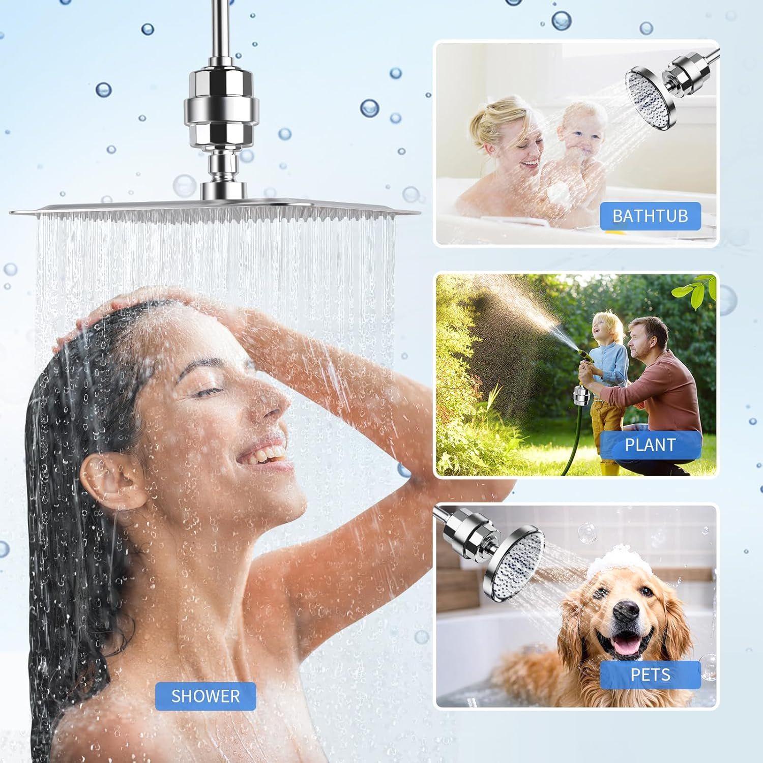 Demonstrates the versatility of the showerhead by showing it can be used in multiple scenarios—personal shower, bathing children, watering plants outdoors, and washing pets—to communicate its…