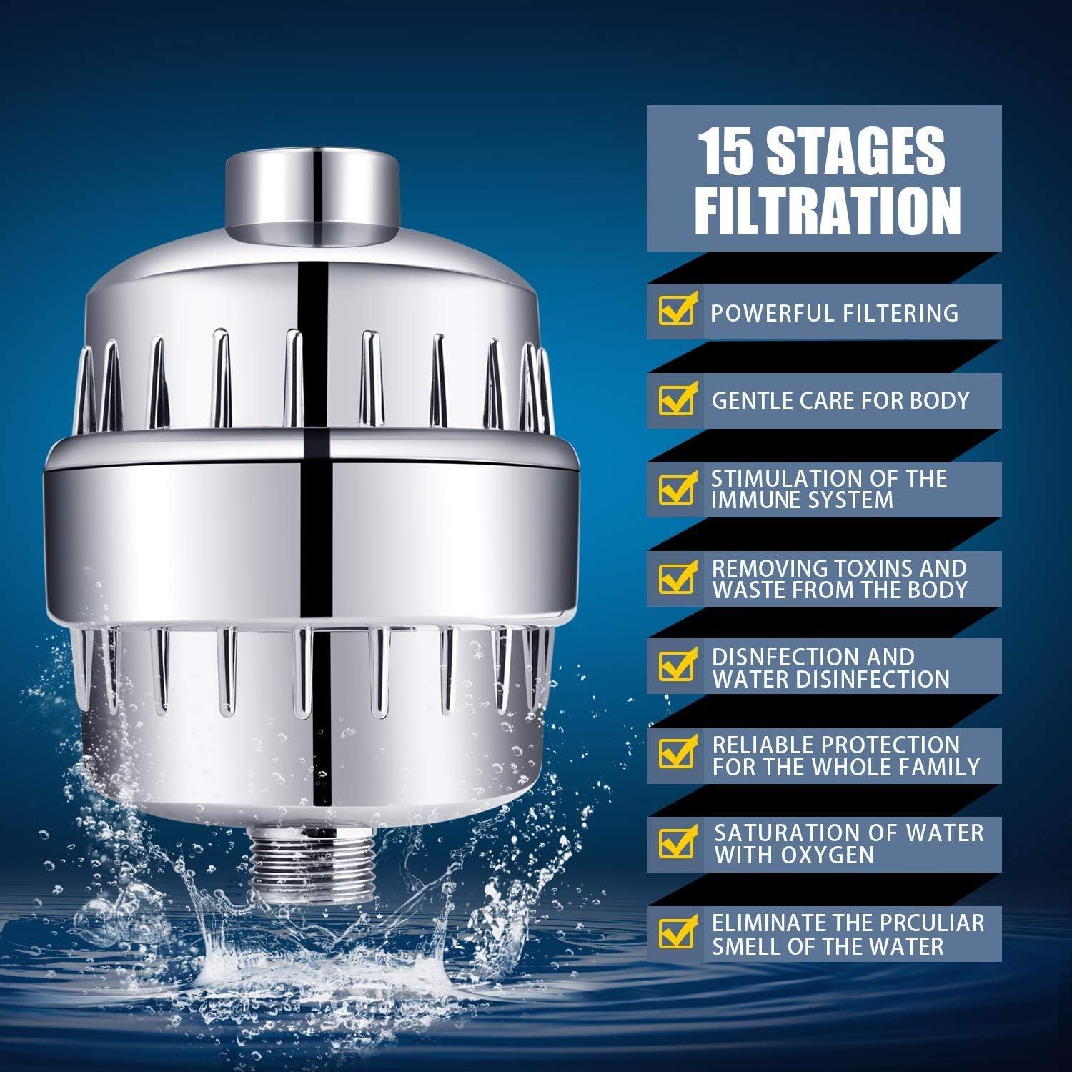 Communicates the comprehensive multi-stage filtration system and its eight distinct health and water quality benefits to reassure shoppers of the product's effectiveness and value.