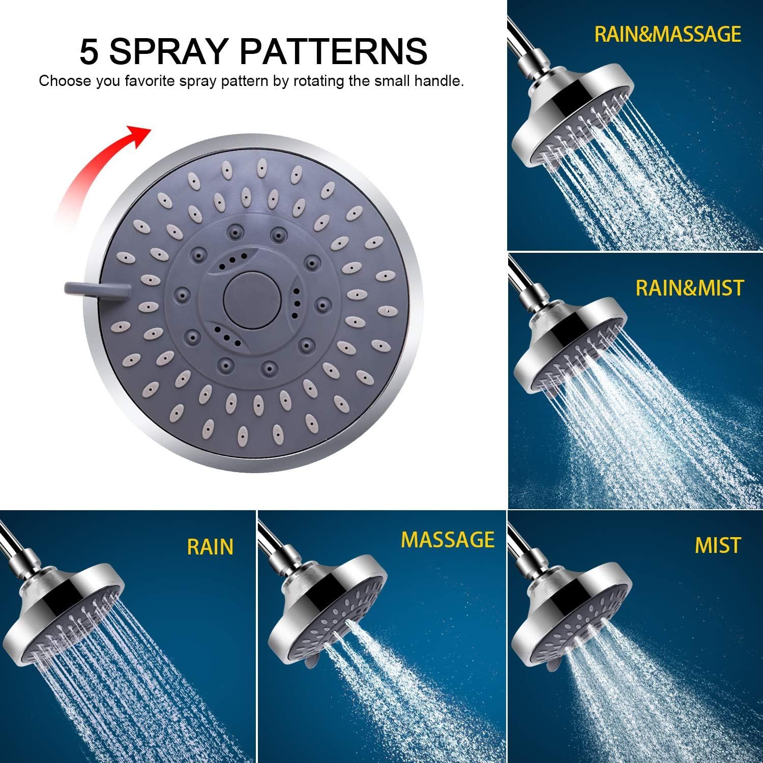 Communicates the product's versatility by showcasing five different spray pattern options (Rain&Massage, Rain&Mist, Rain, Massage, Mist) that can be selected by rotating the handle, reassuring…