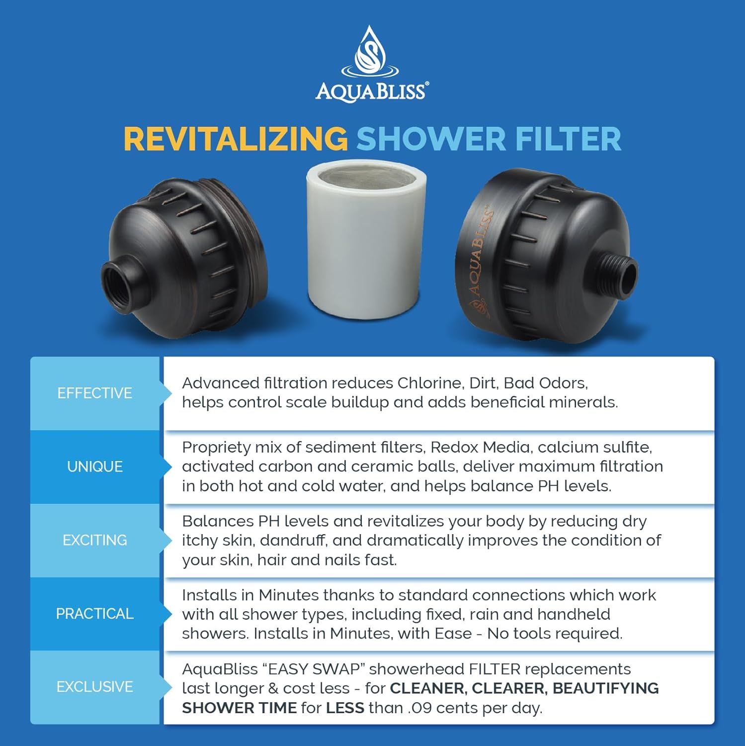 Communicates multiple distinct benefits of the shower filter system through a segmented layout, highlighting effectiveness, uniqueness, health benefits, ease of installation, and cost savings to…